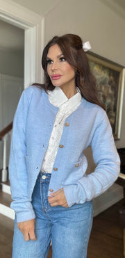 Beth Powder Blue round neck cardigan with baroque buttons