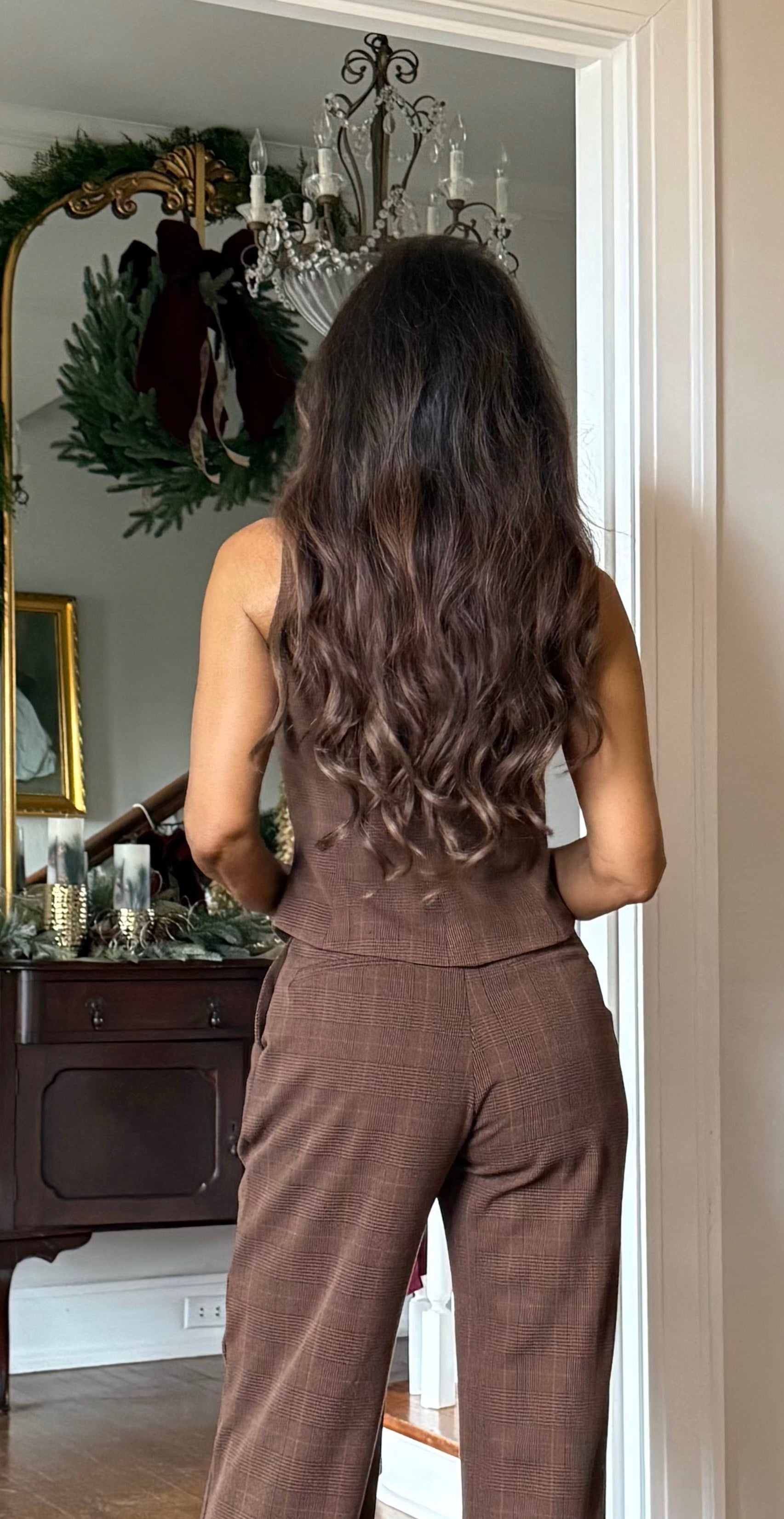 Venna Brown Plaid Square Neck Vest