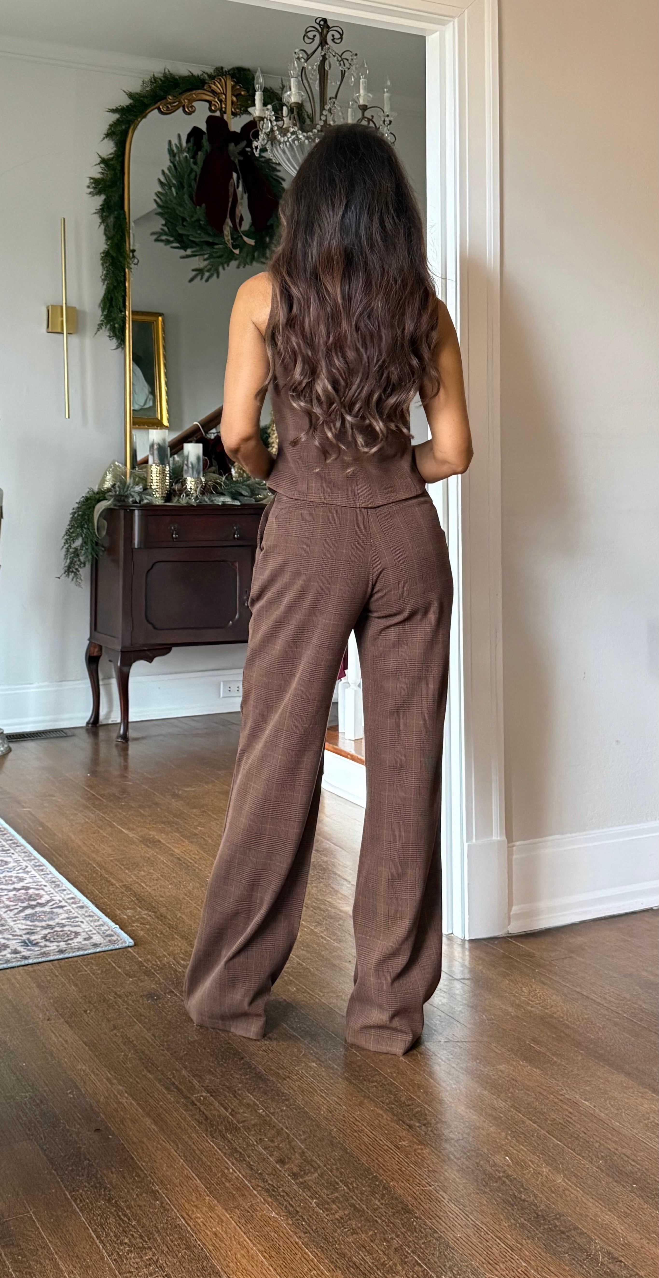 Venna brown plaid square neck vest