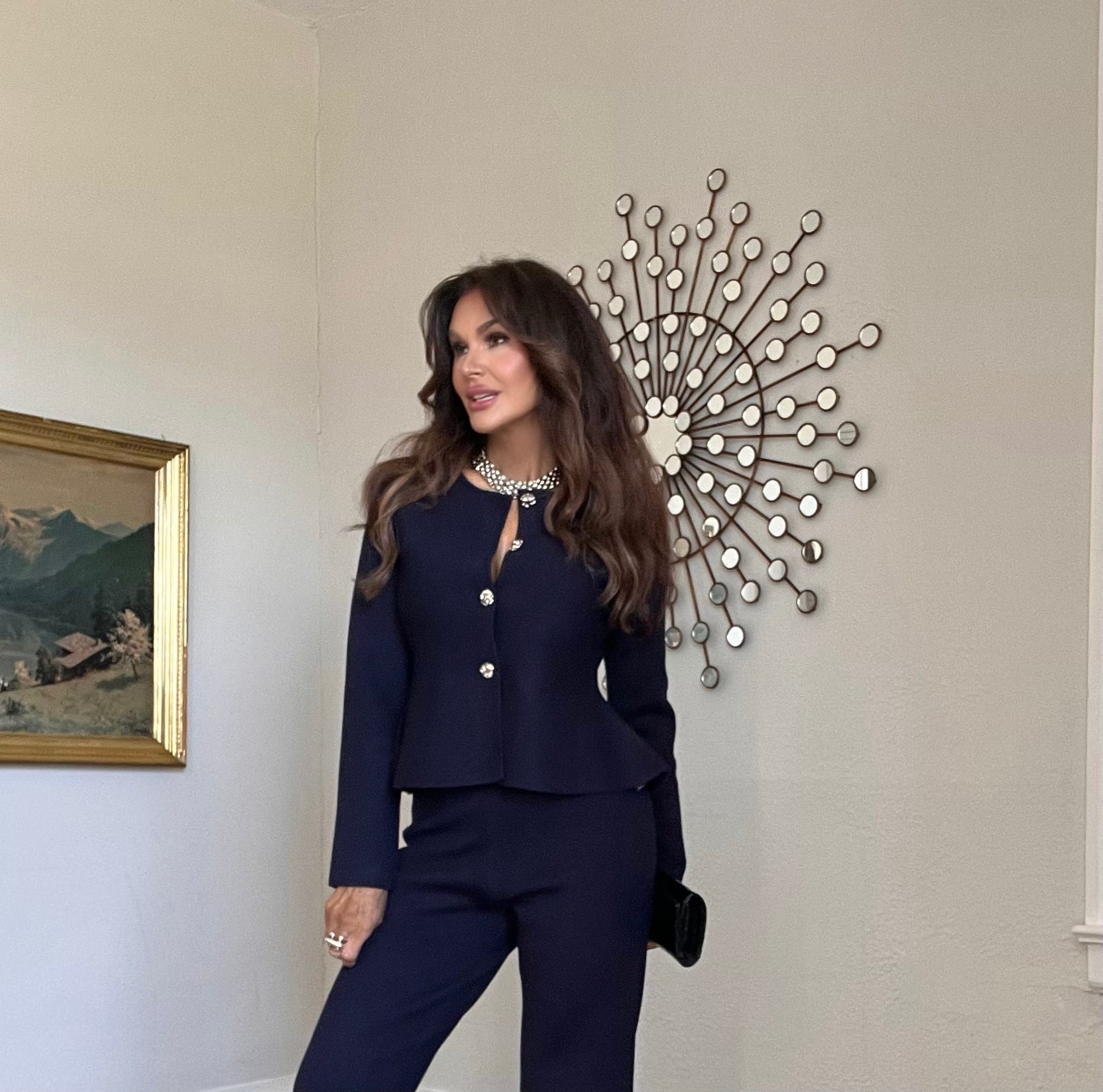Liberty Navy Knit Peplum Long Sleeve Button Down Cardigan with Silver Buttons