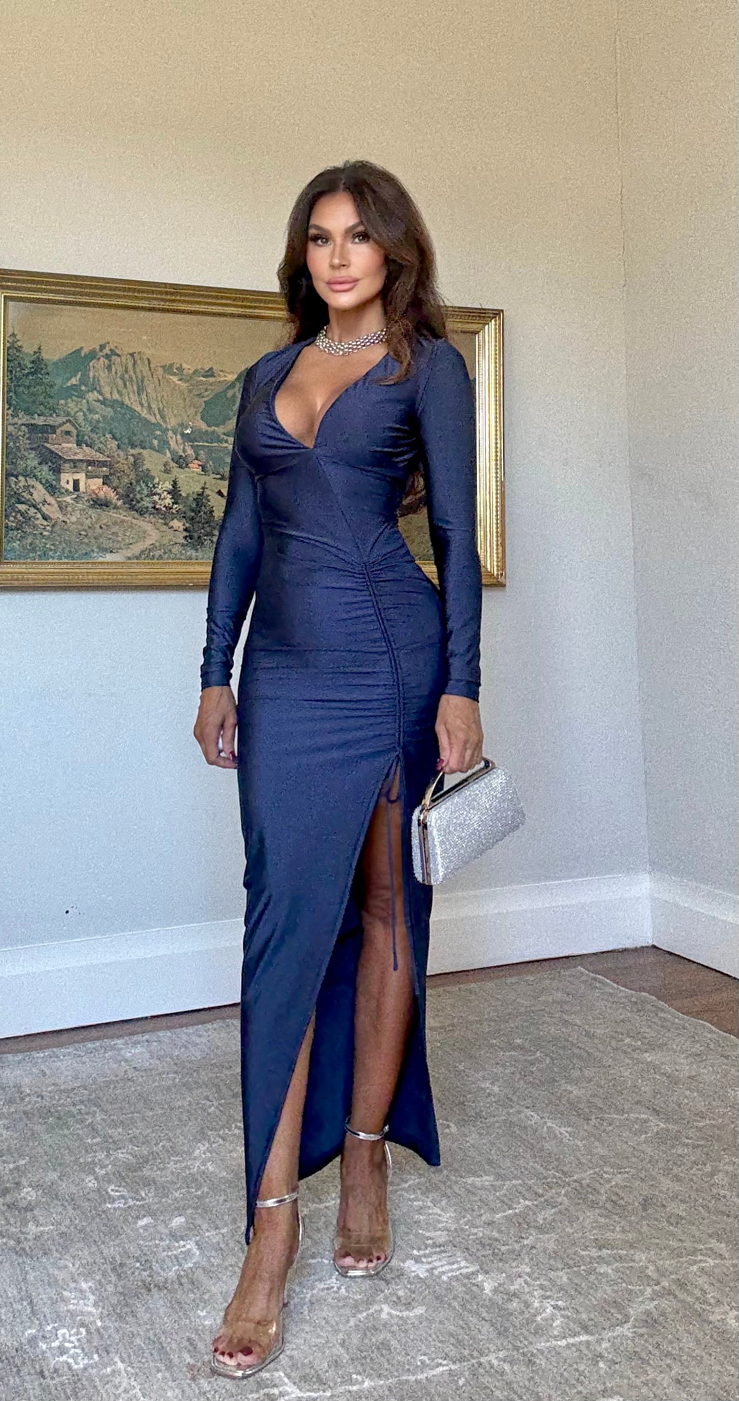 Alicia Navy Deep V Long Sleeve Side Slit Ruched Midi Dress