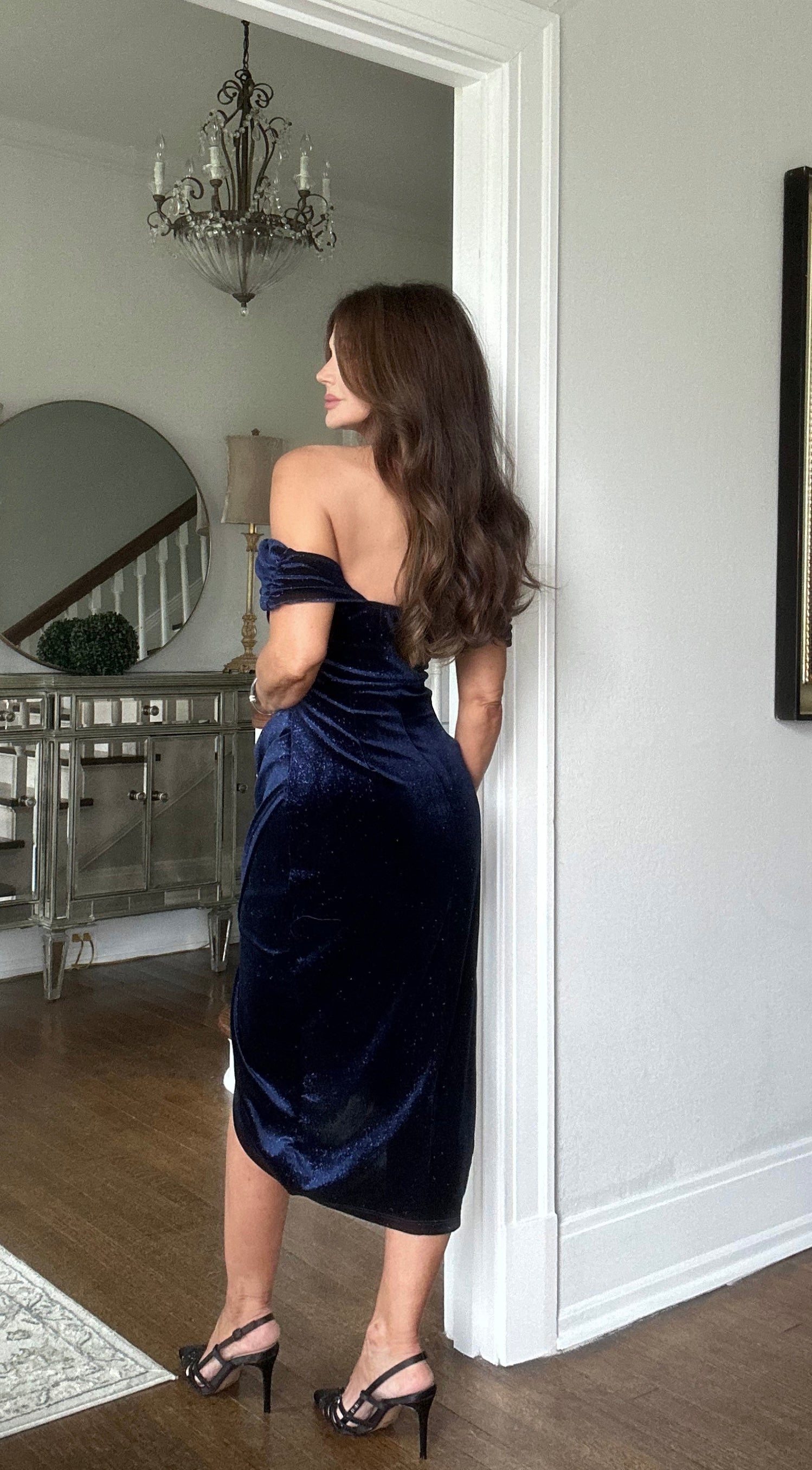 Jessica navy velvet glitter off shoulder midi dress