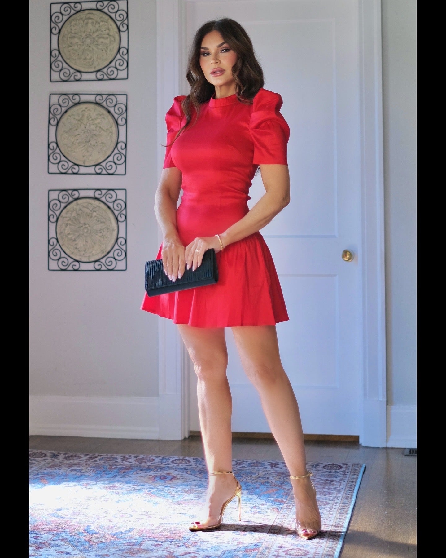 Reana Red Mock Neck Puff Sleeve mini dress