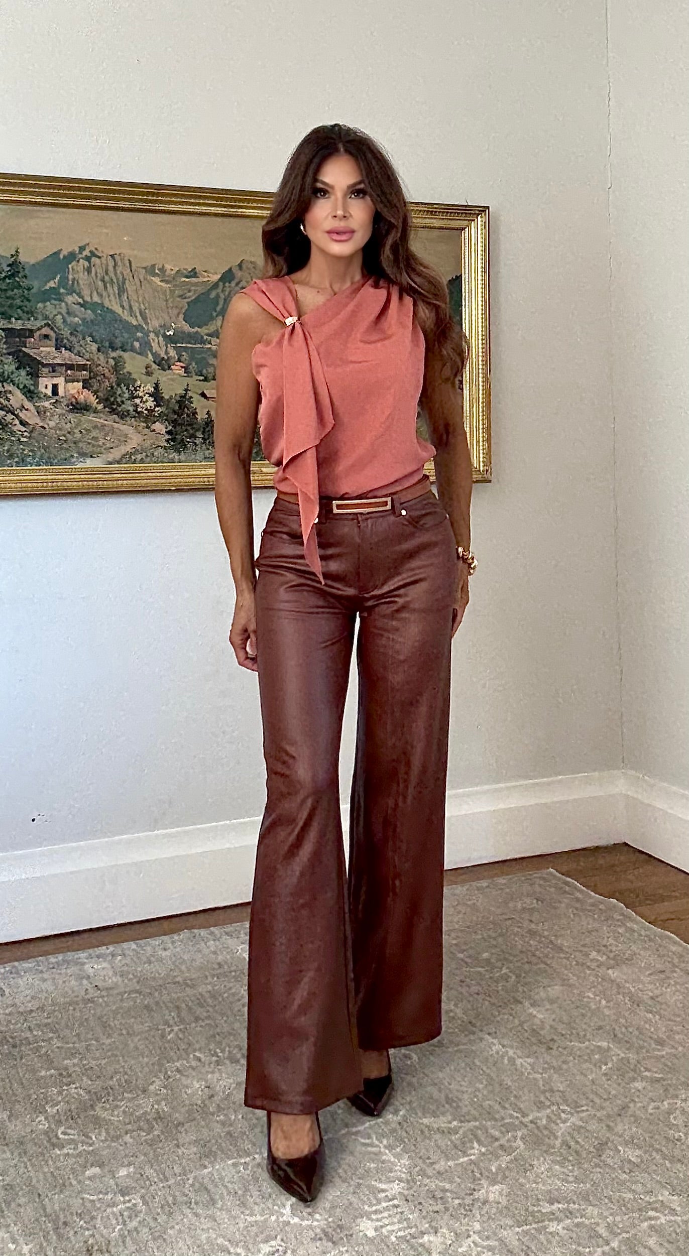 Sandy Light Brown Low Rise Vegan Leather Pants