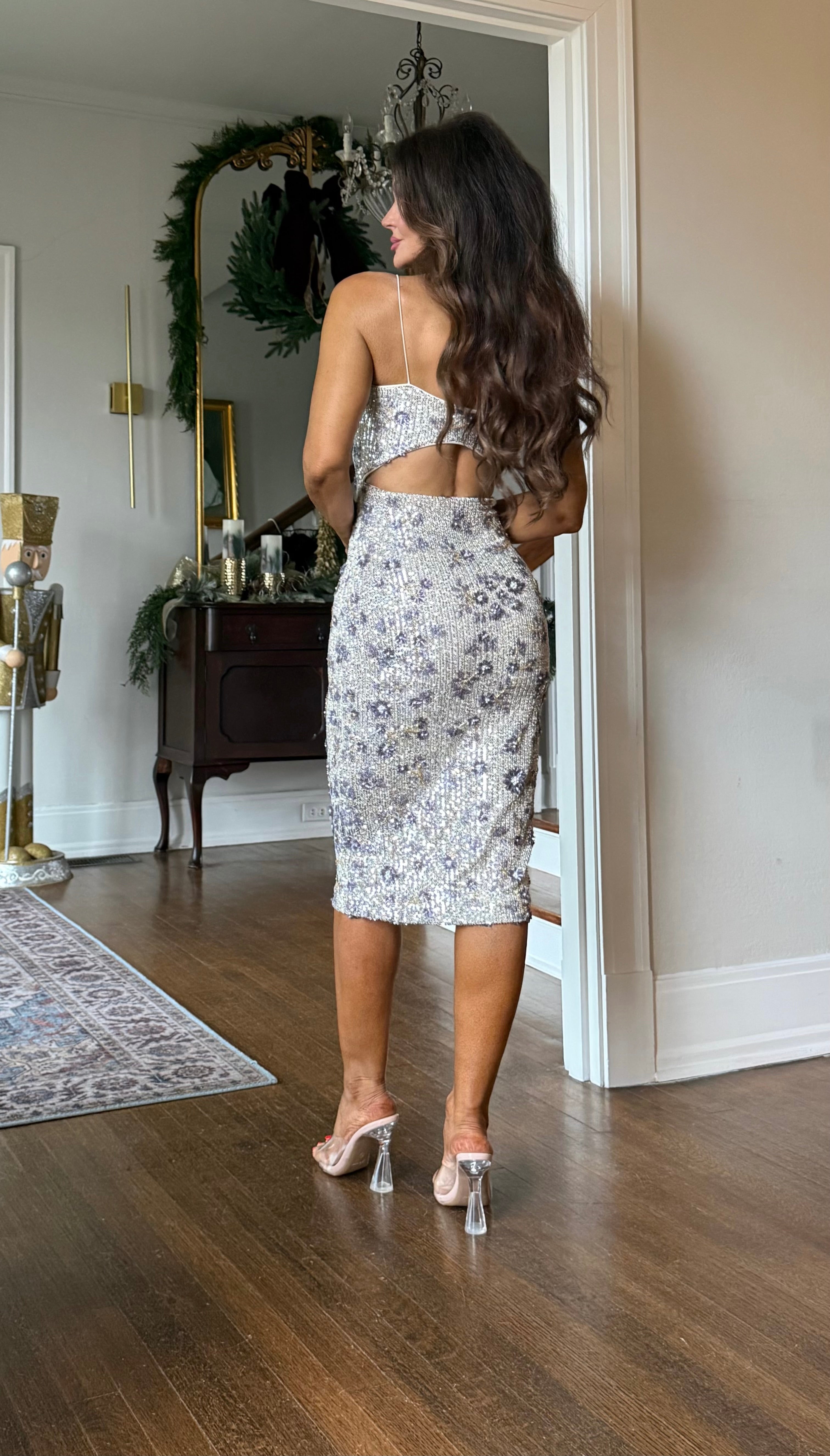 Samantha Champagne Sequin Midi With Purple Floral Detail