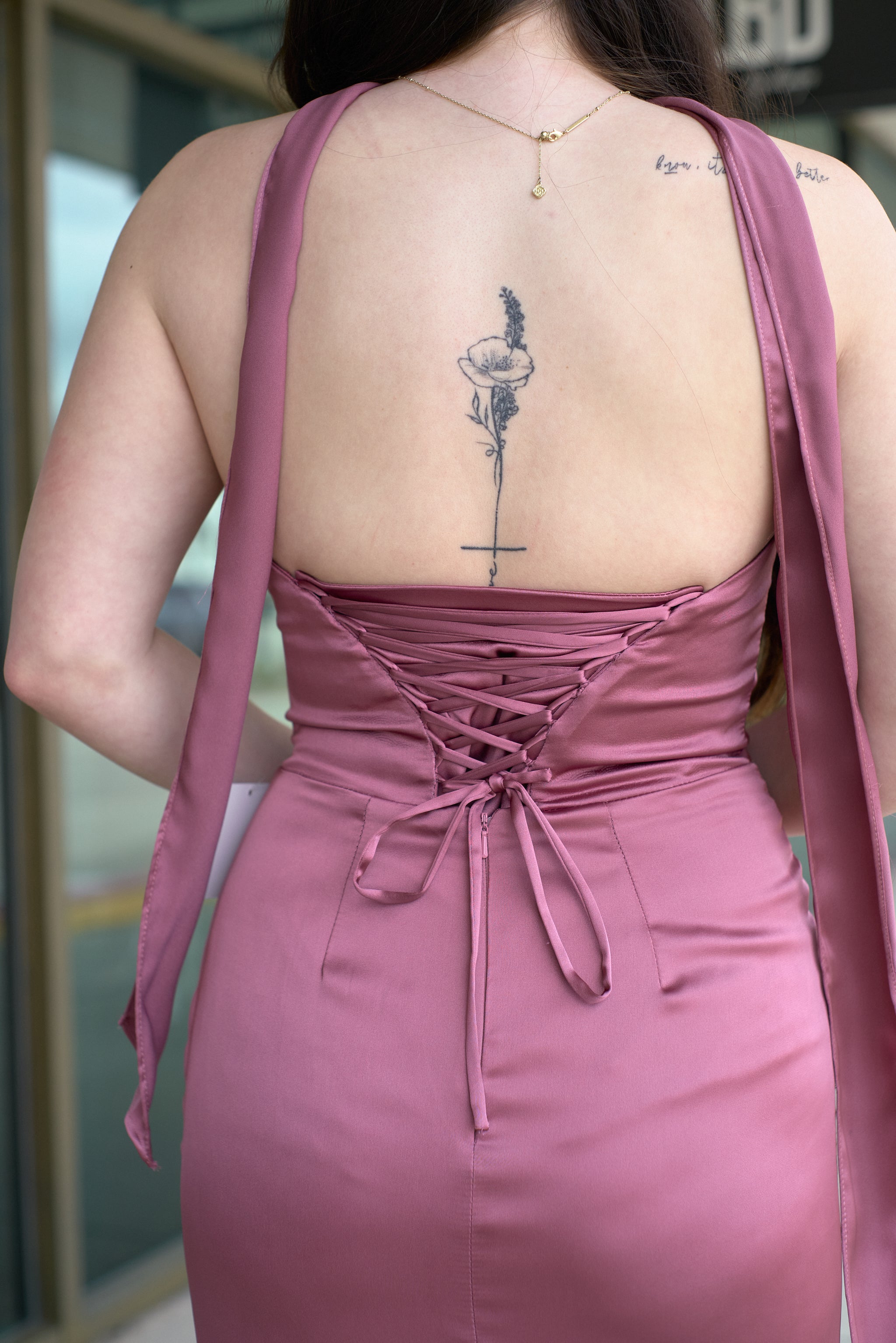 Samantha mauve strapless satin gown