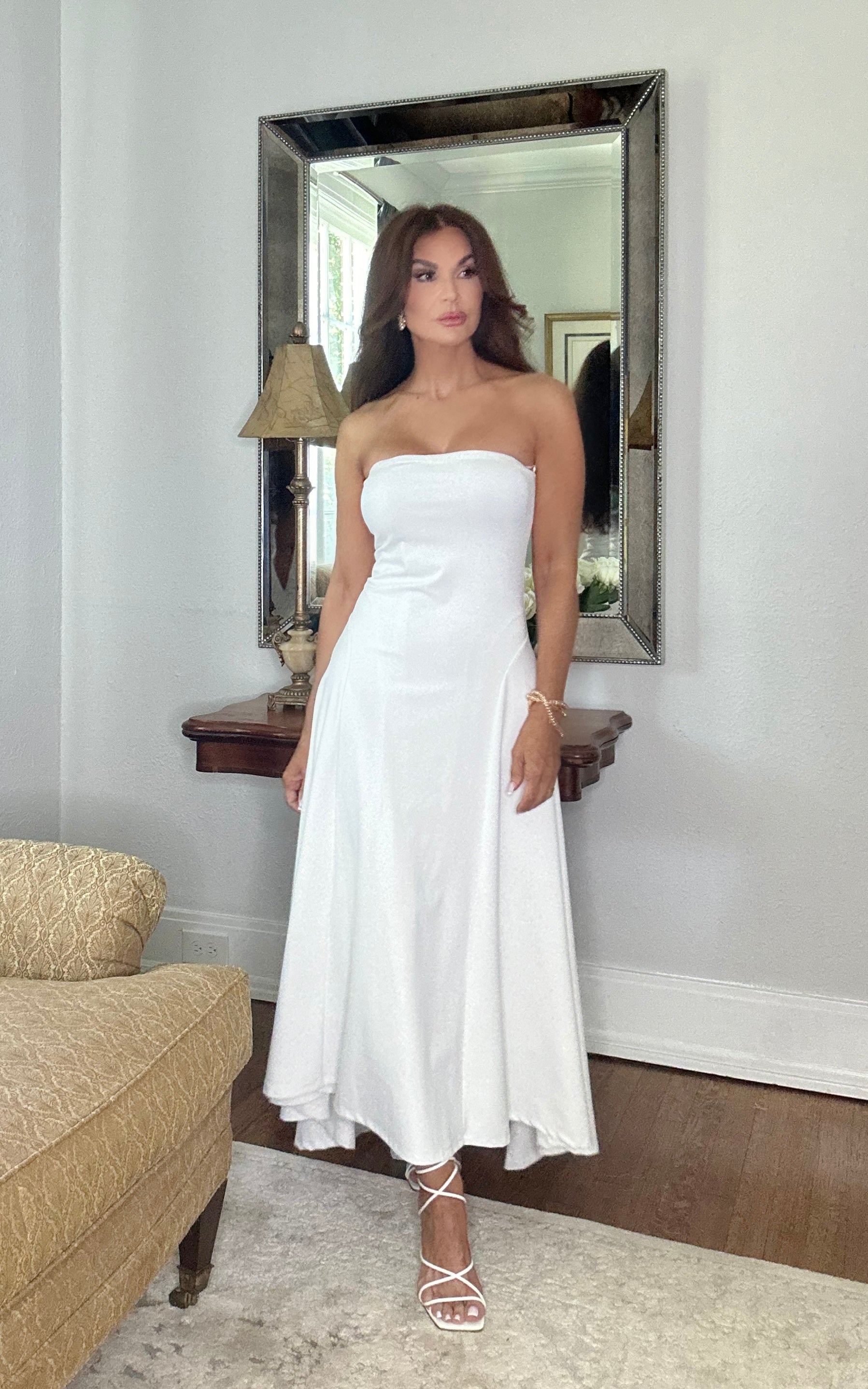 Cindy white strapless fit and flare maxi with asymmetrical hem