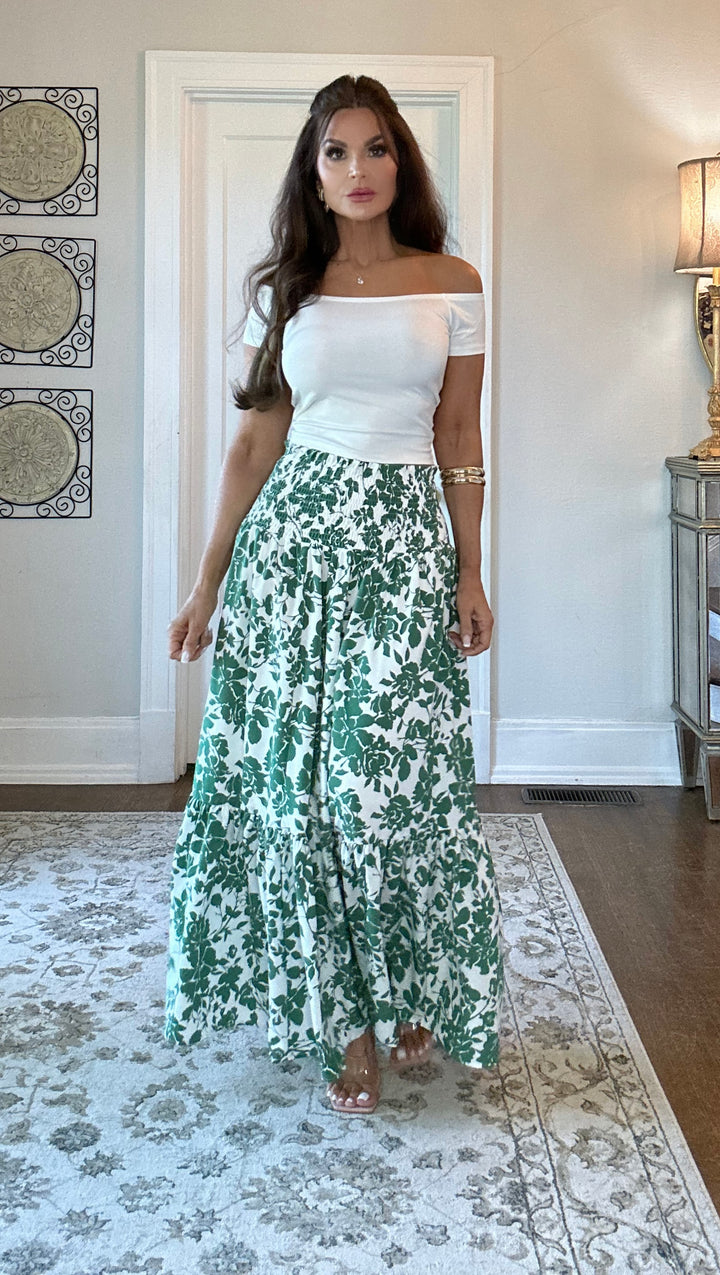 Flora green floral print peasant maxi skirt