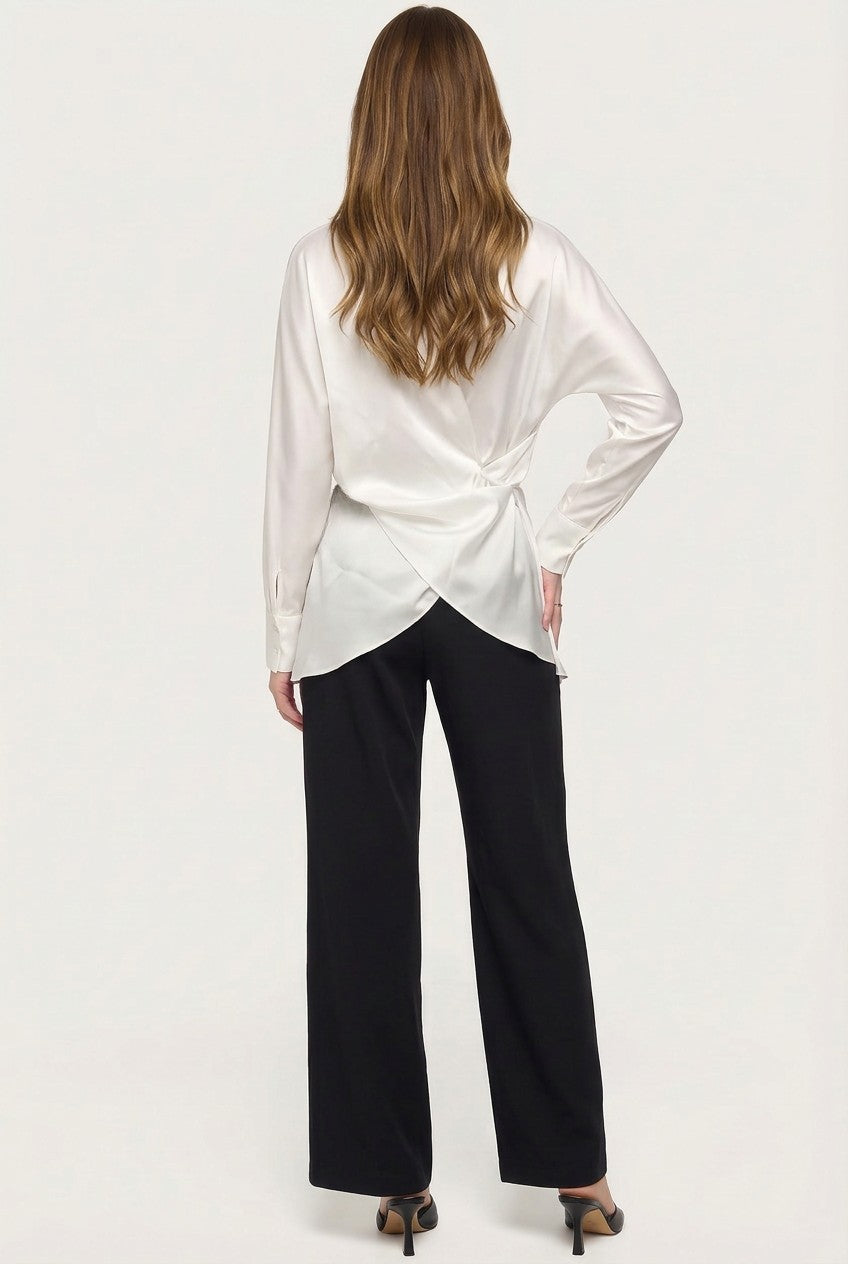 Amy White Satin Long Sleeve Waist Tie Top