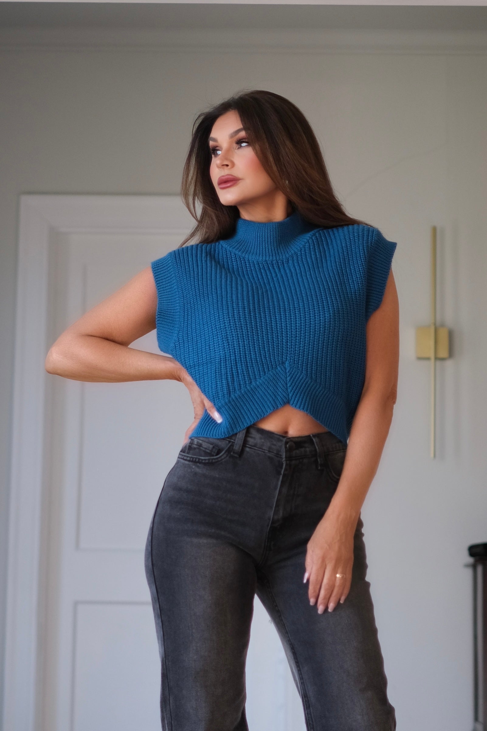 Shana teal abstract sleeveless mock neck sweater