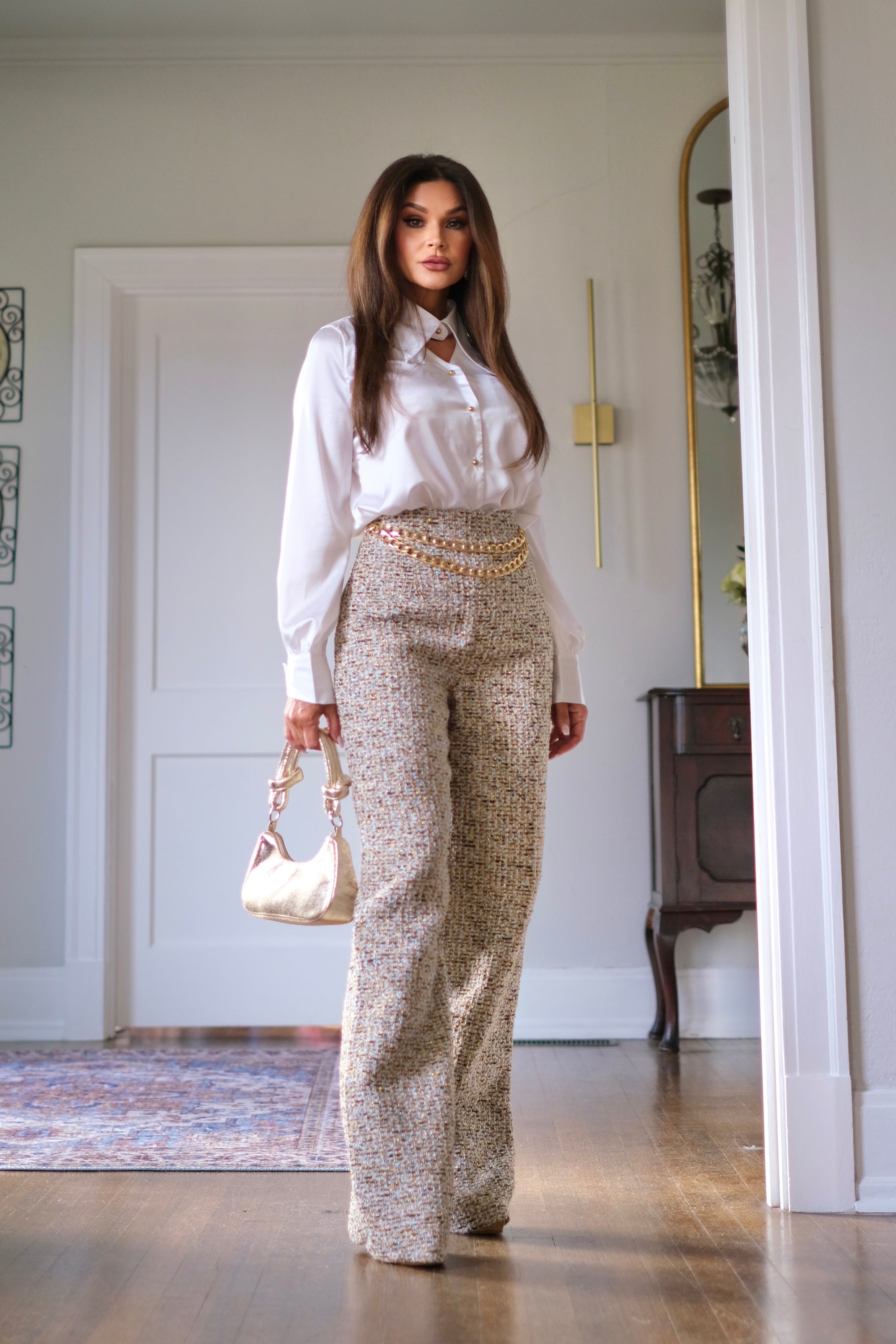 Cindy tweed wide leg pant with chain belt