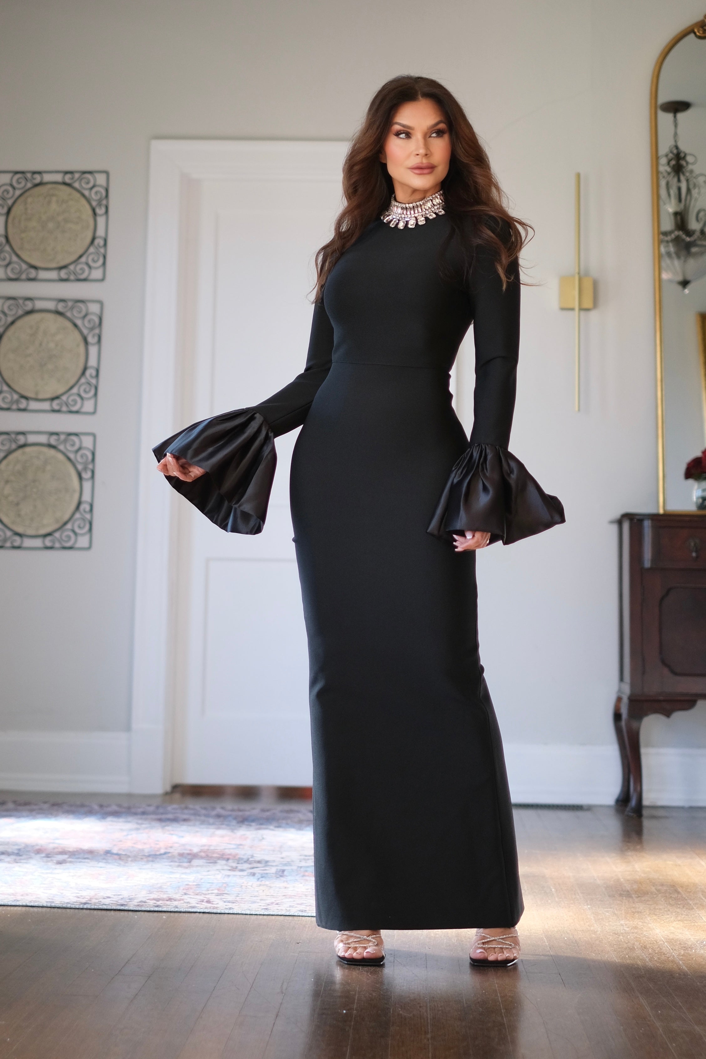 Loni black bandage midi dress with satin sleeve ruffles and crystal detail