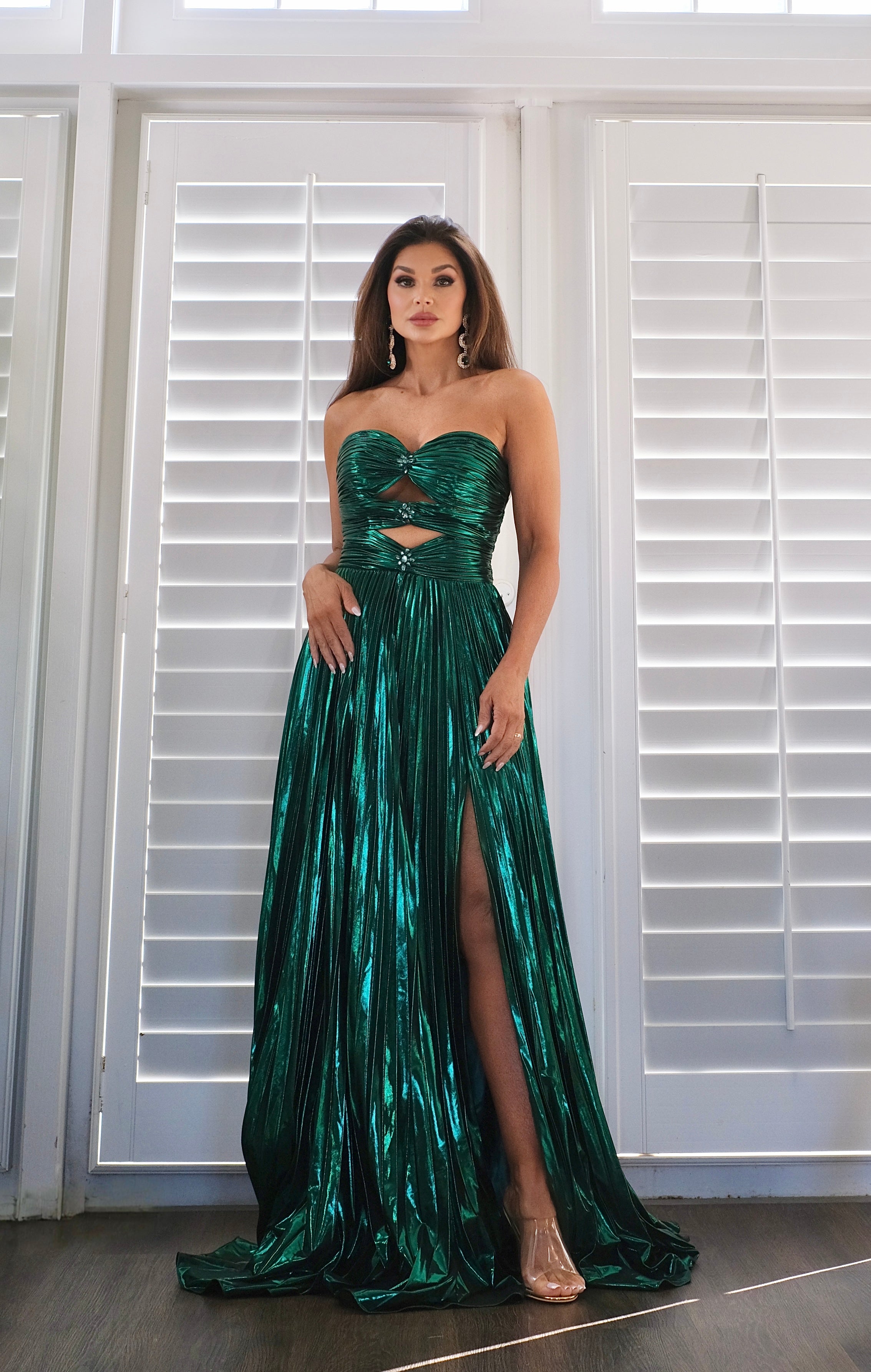 Janet emerald metallic formal with slit