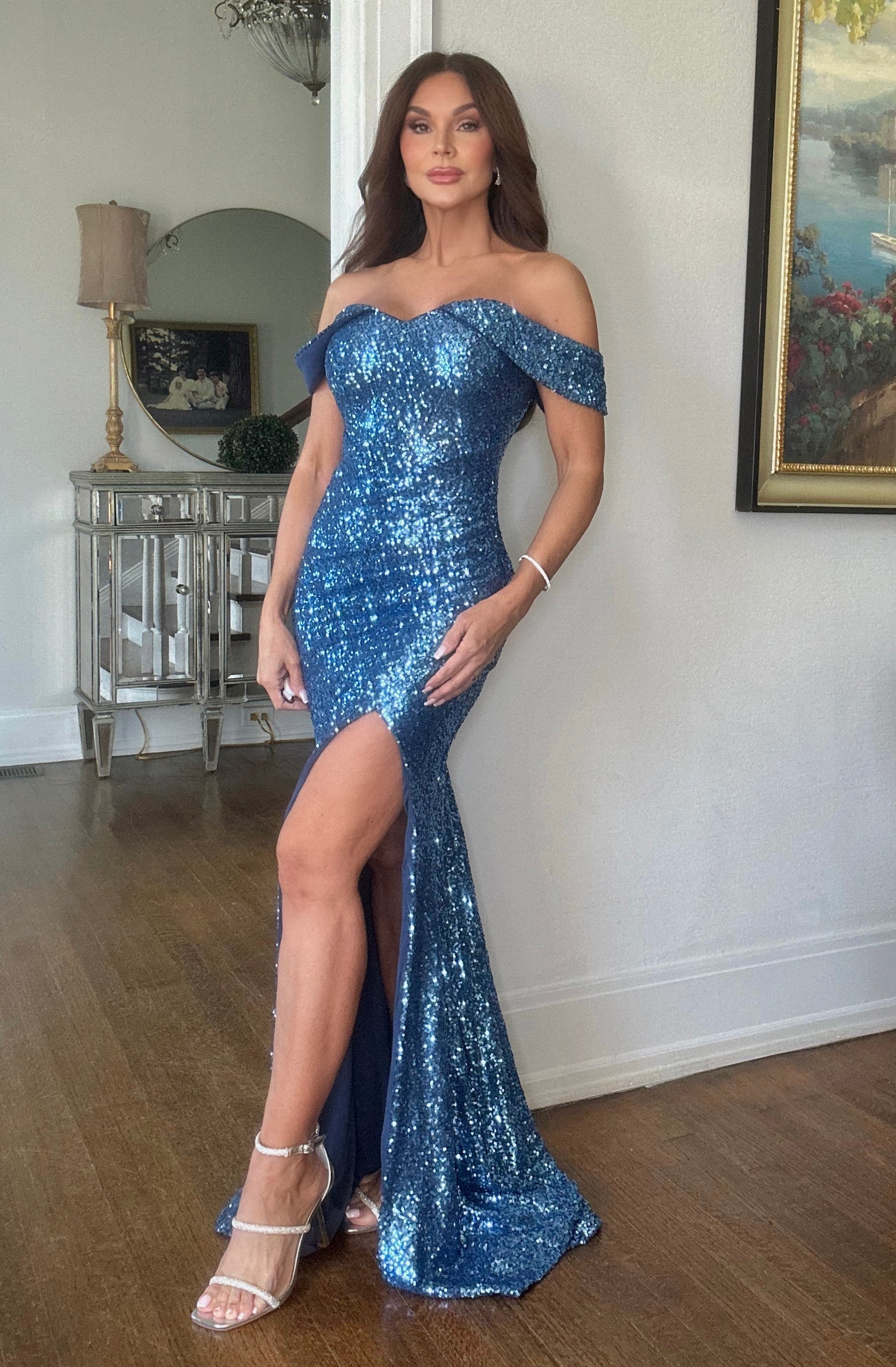 Latoya Slate Blue Sequin Off the Shoulder Ruched Formal with Slit