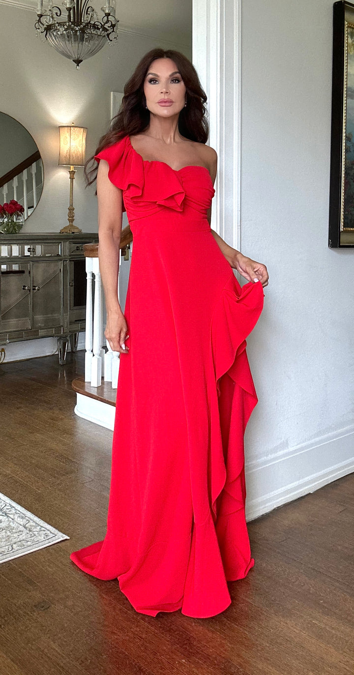 Trina red one shoulder ruffle and slit maxi dress