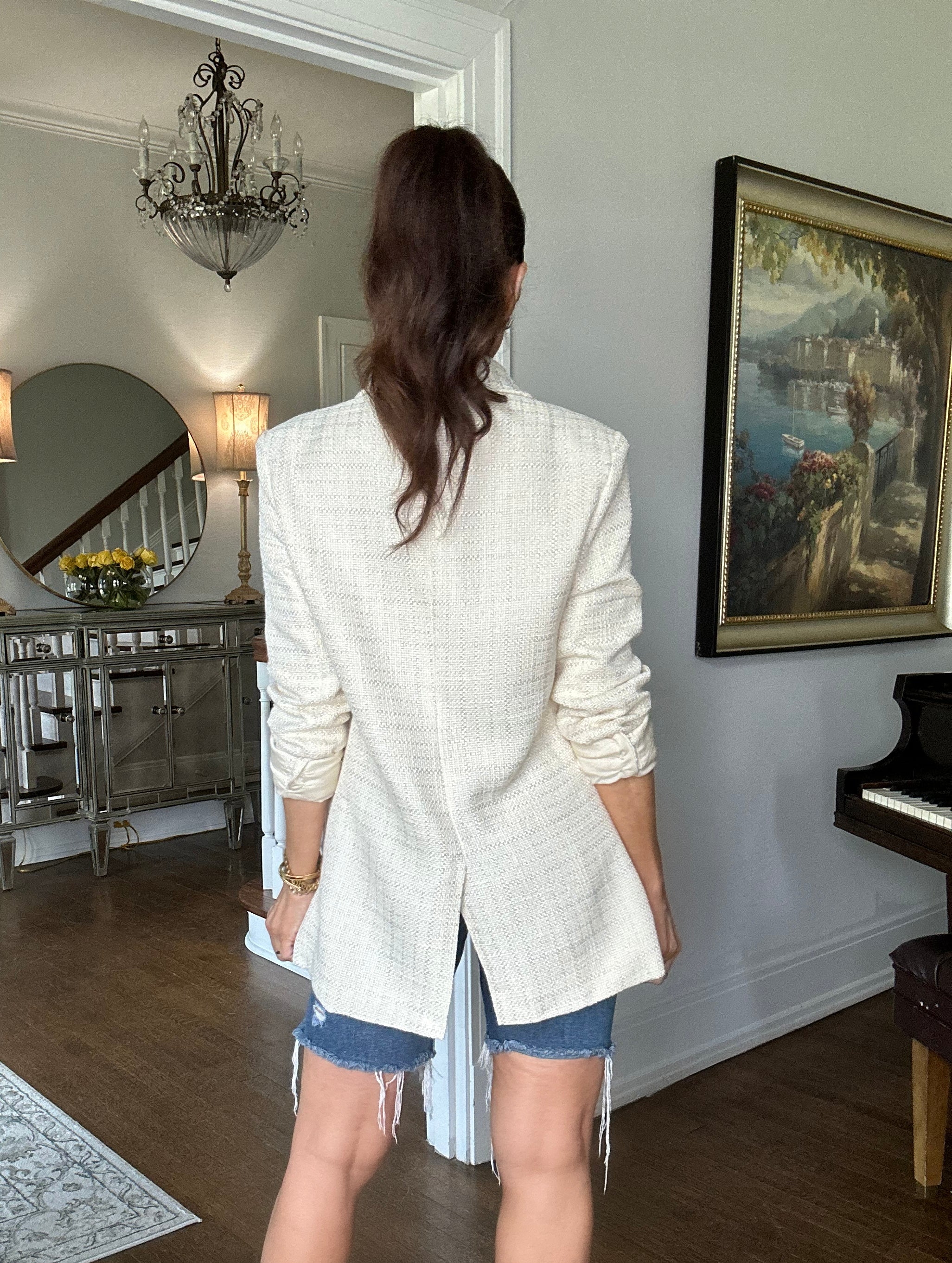 Brandy cream tweed blazer with gold hardware