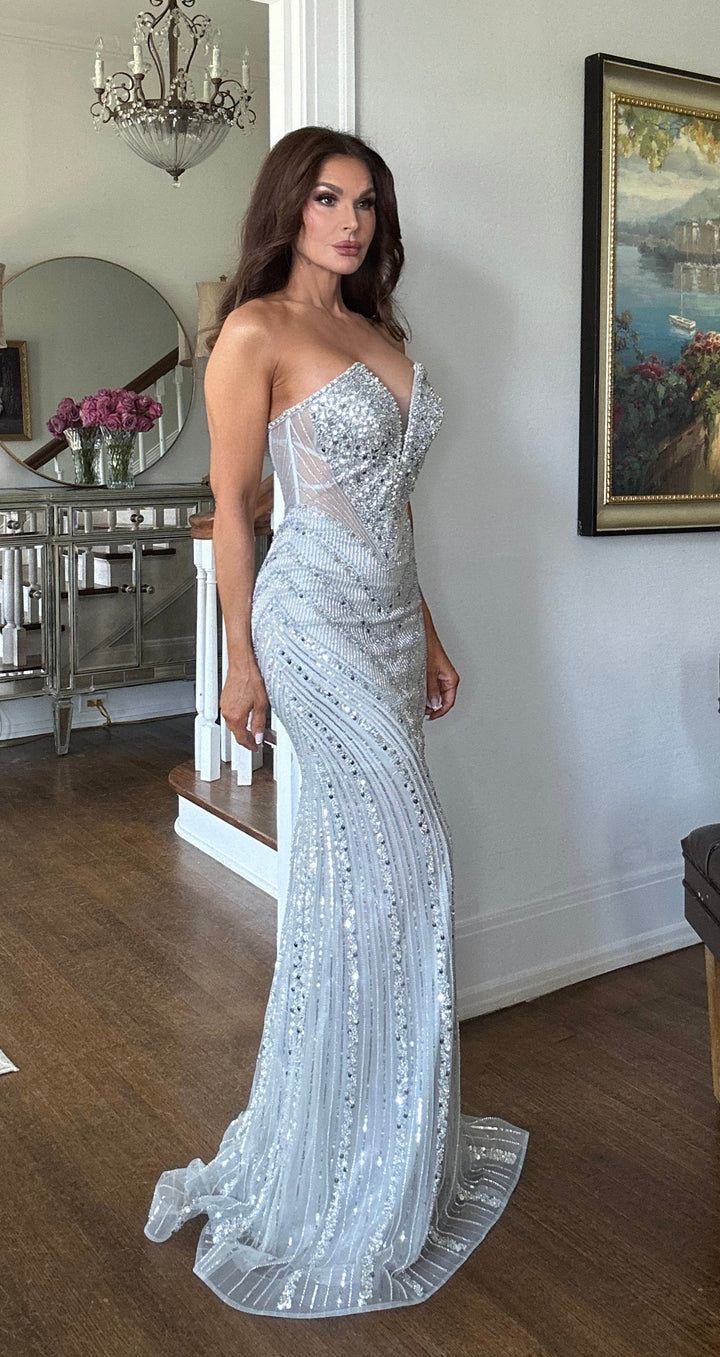 Gwen graphite silver strapless sequin gown with train