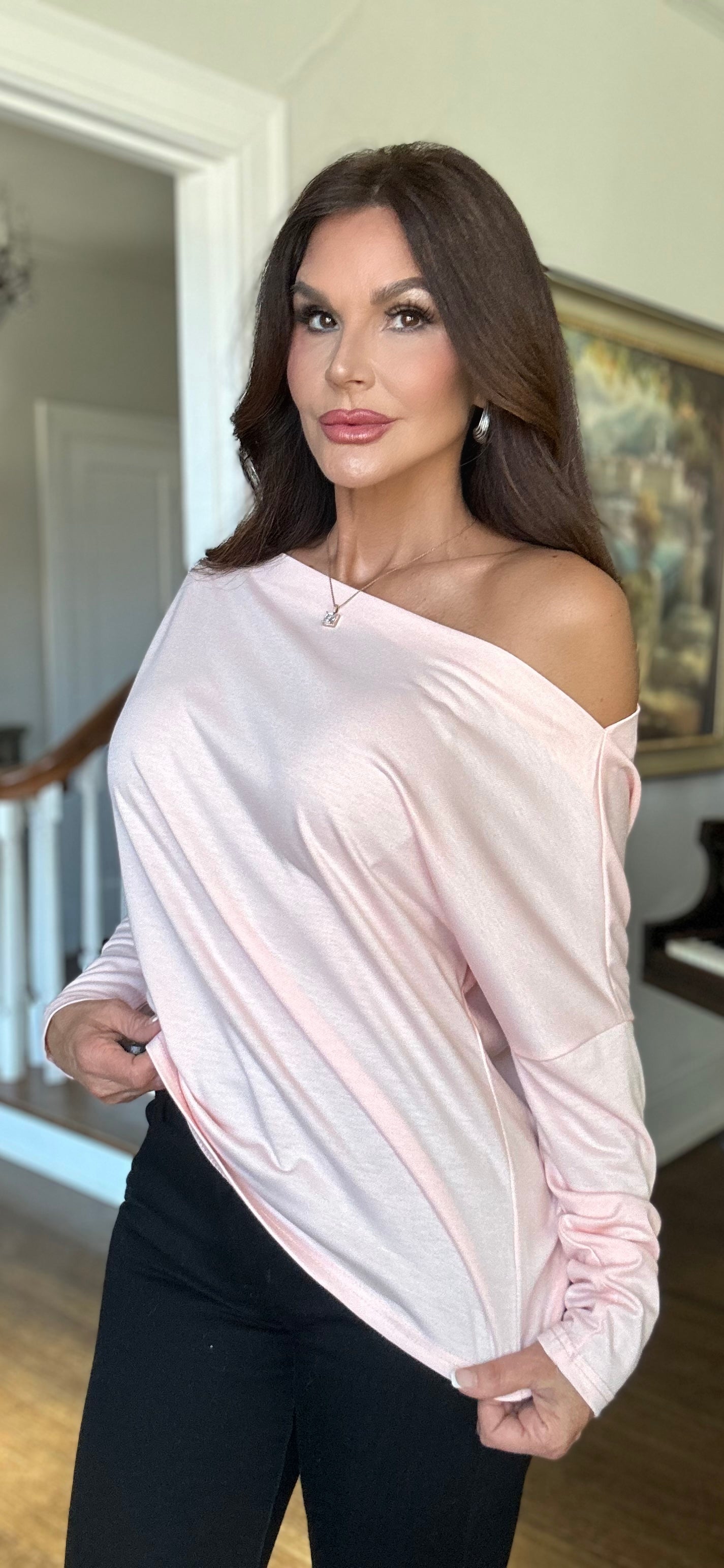 Kate pink nude batwing off the shoulder top