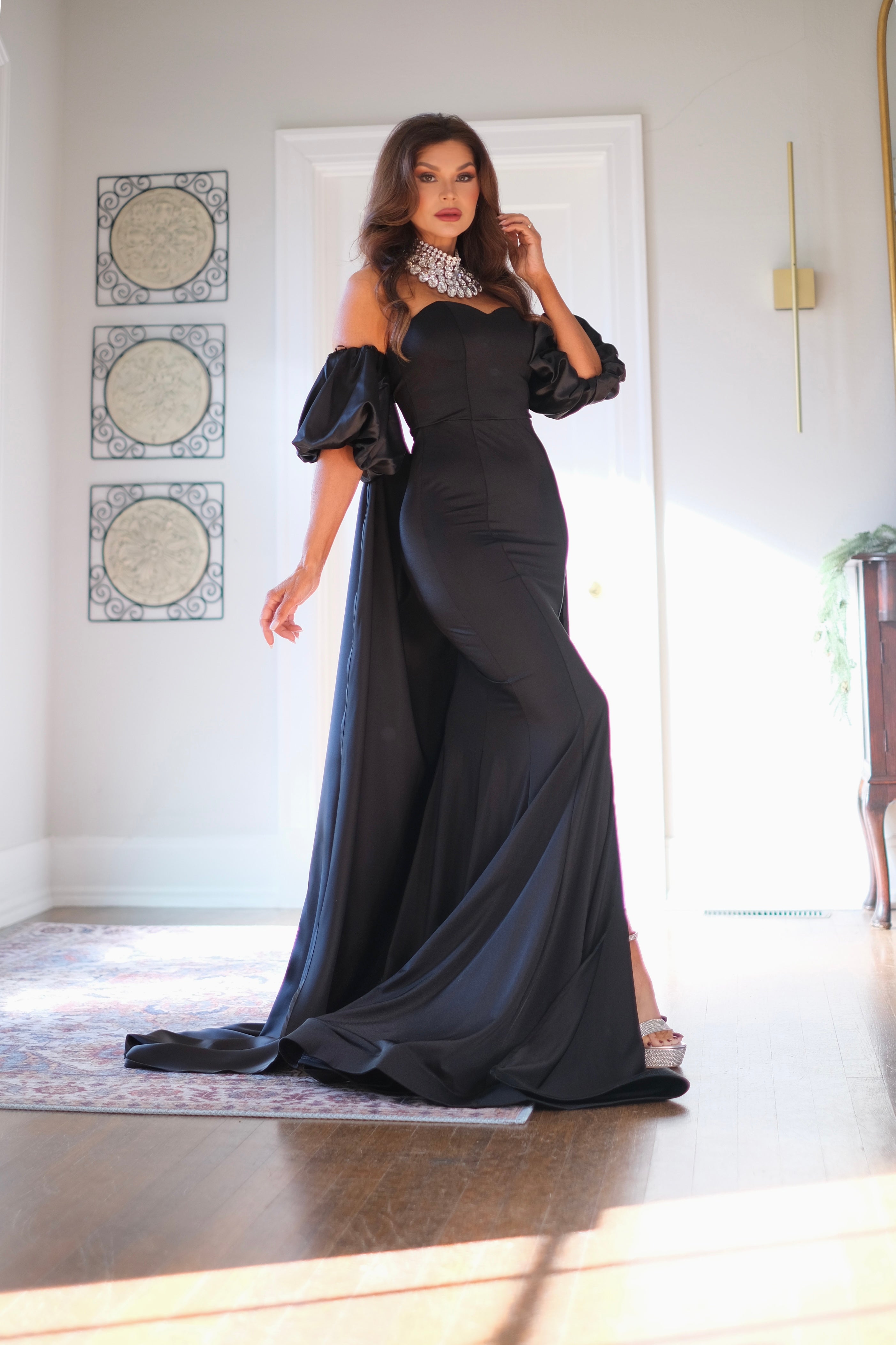 Luna black strapless formal with slit and cape