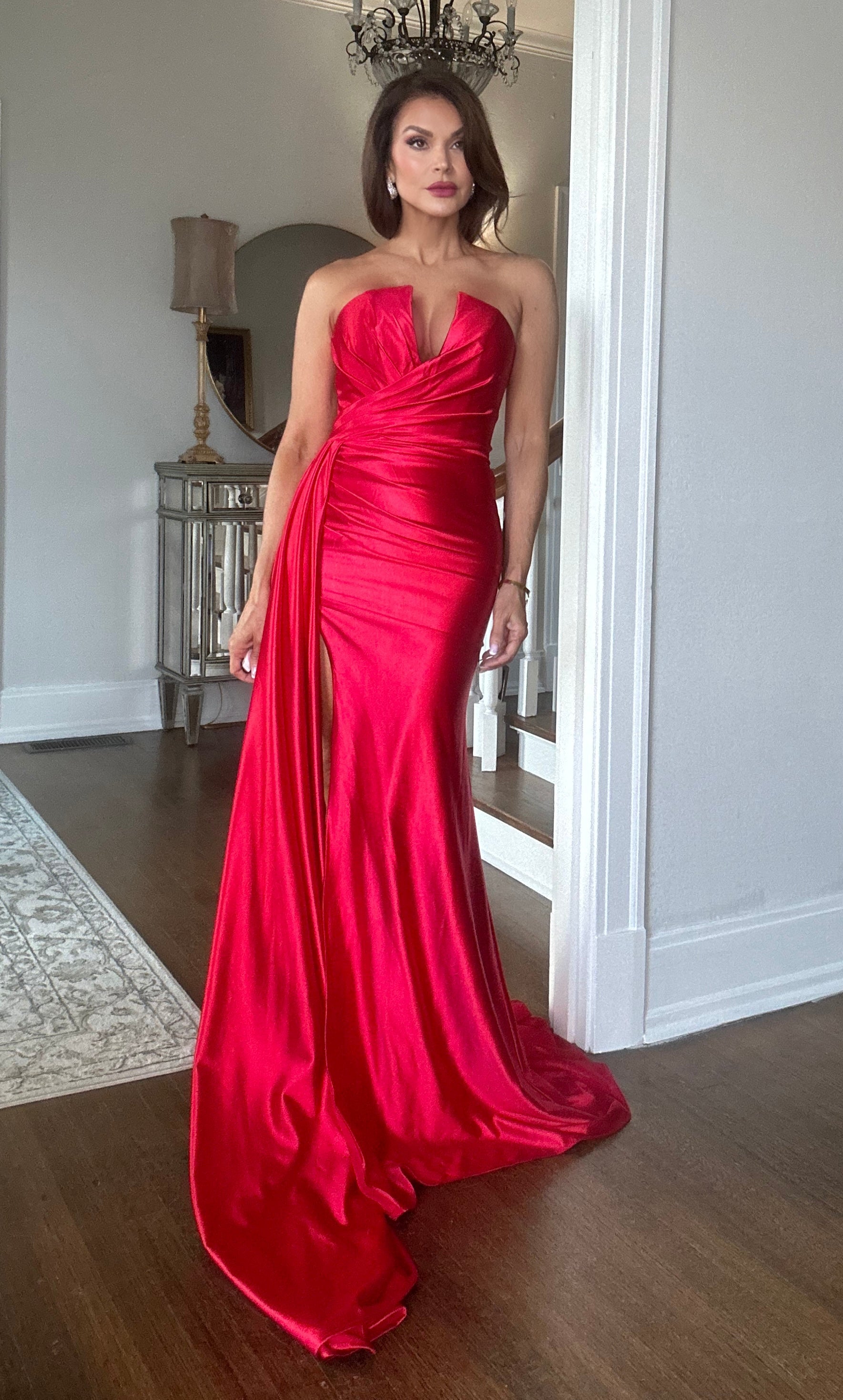 Sasha Red Strapless Satin Formal With Ruched And Sash Detail