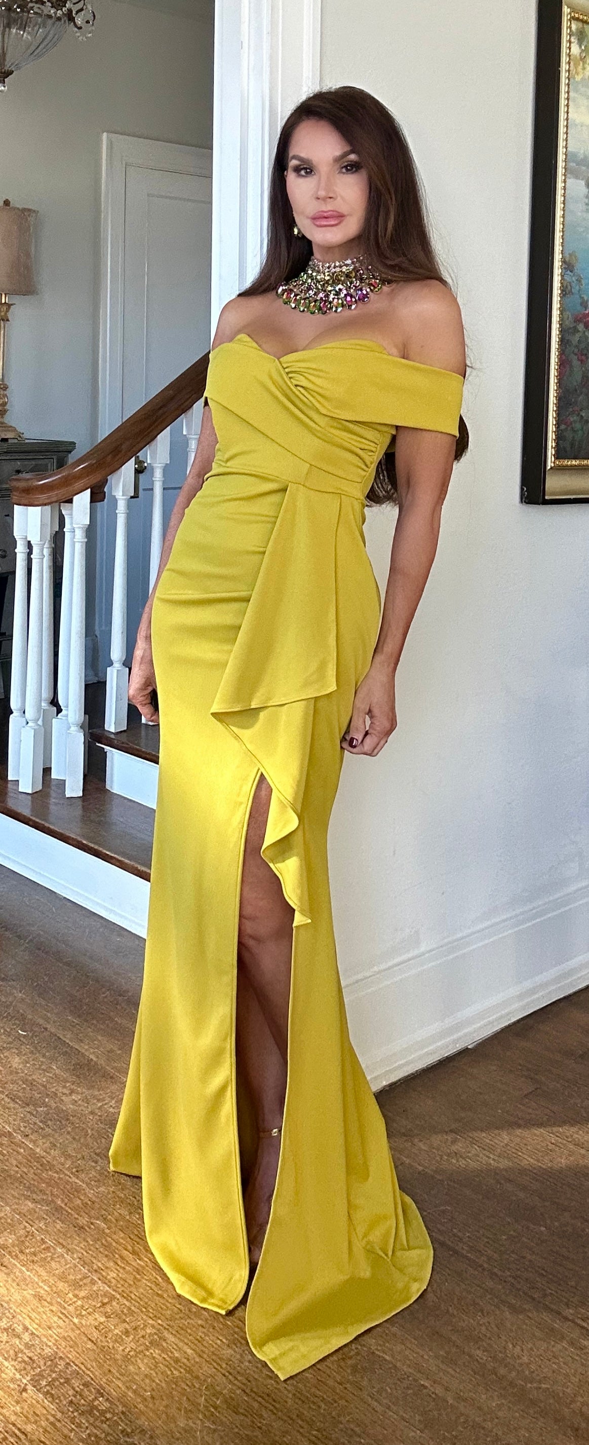 Blair chartreuse shoulder maxi with ruffle and slit