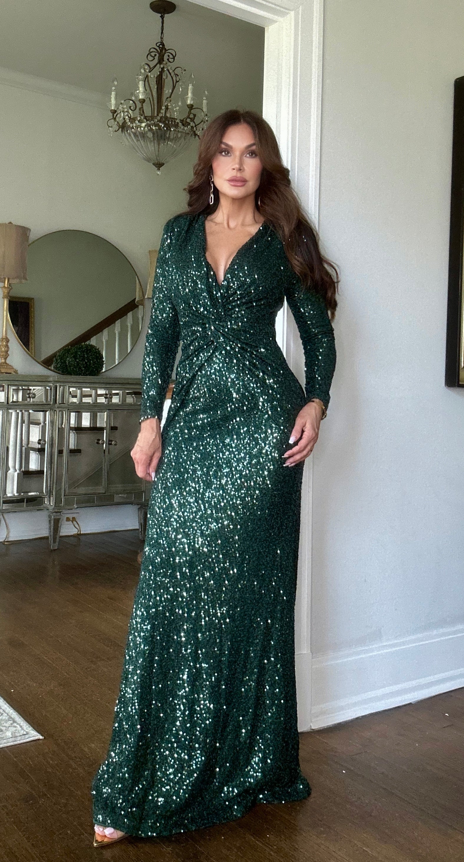 San Hunter Green Sequin Long Sleeve Deep-V Formal with Twist Front