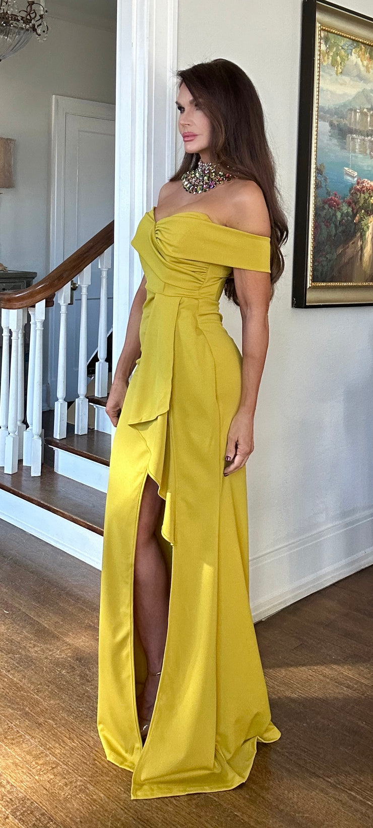 Blair chartreuse shoulder maxi with ruffle and slit
