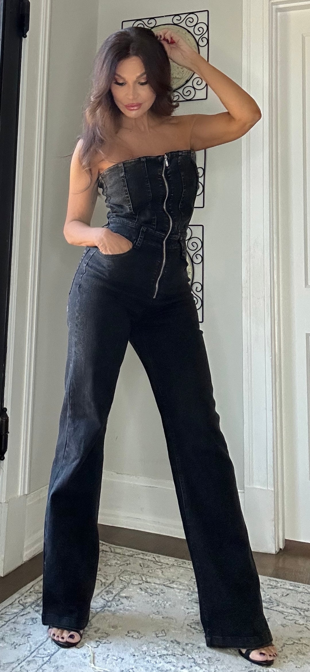 Raven Black Denim Strapless Jumpsuit