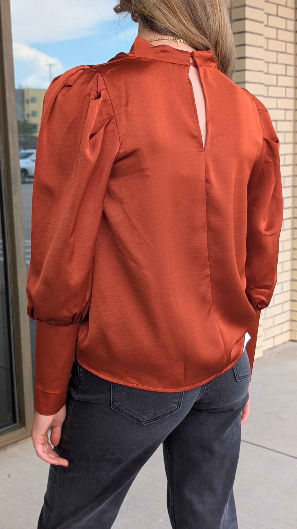 Corey Rust Cowl Neck Blouse with Long Lantern Sleeve