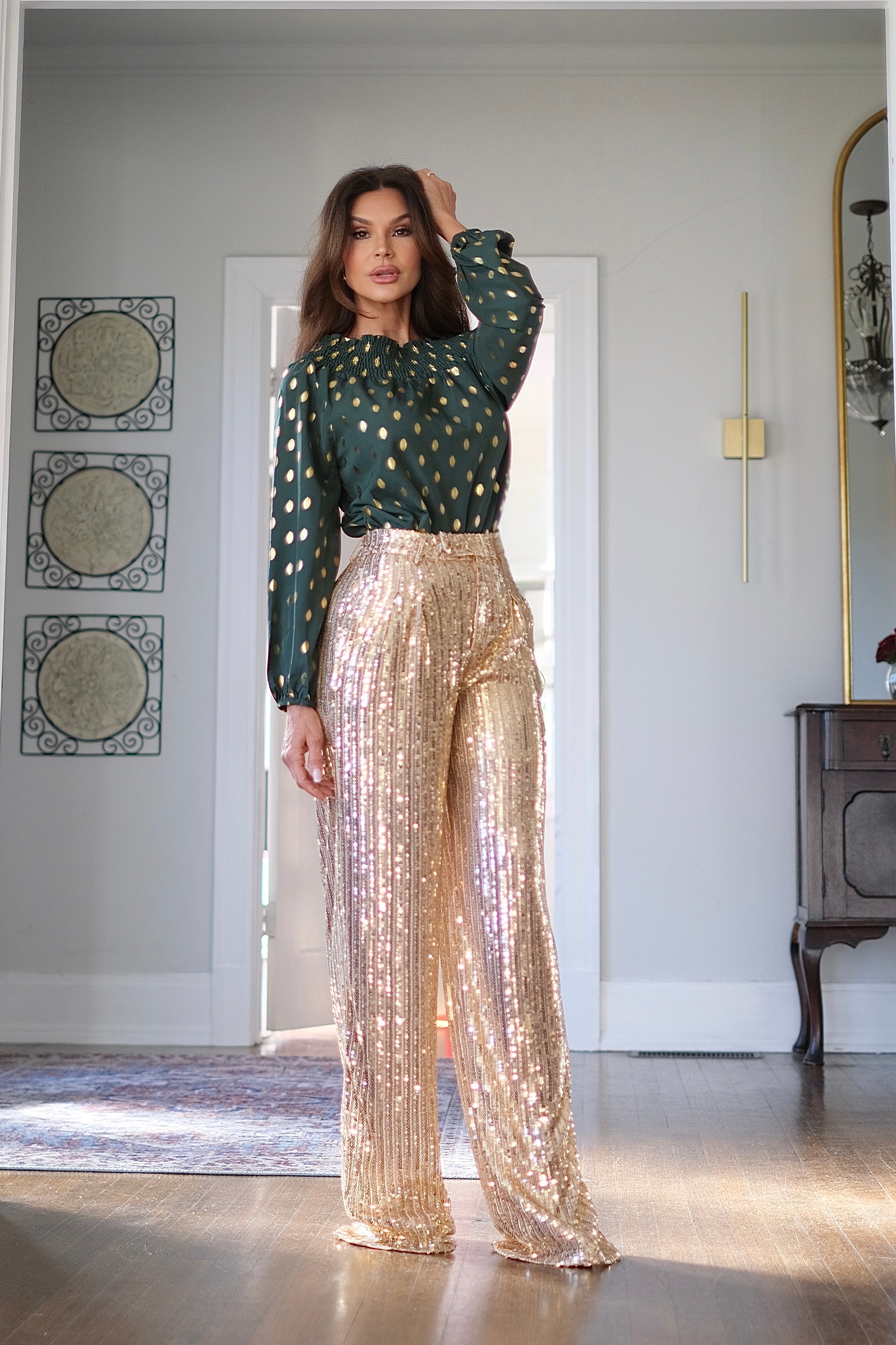 Rhone gold sequin structured trouser pant