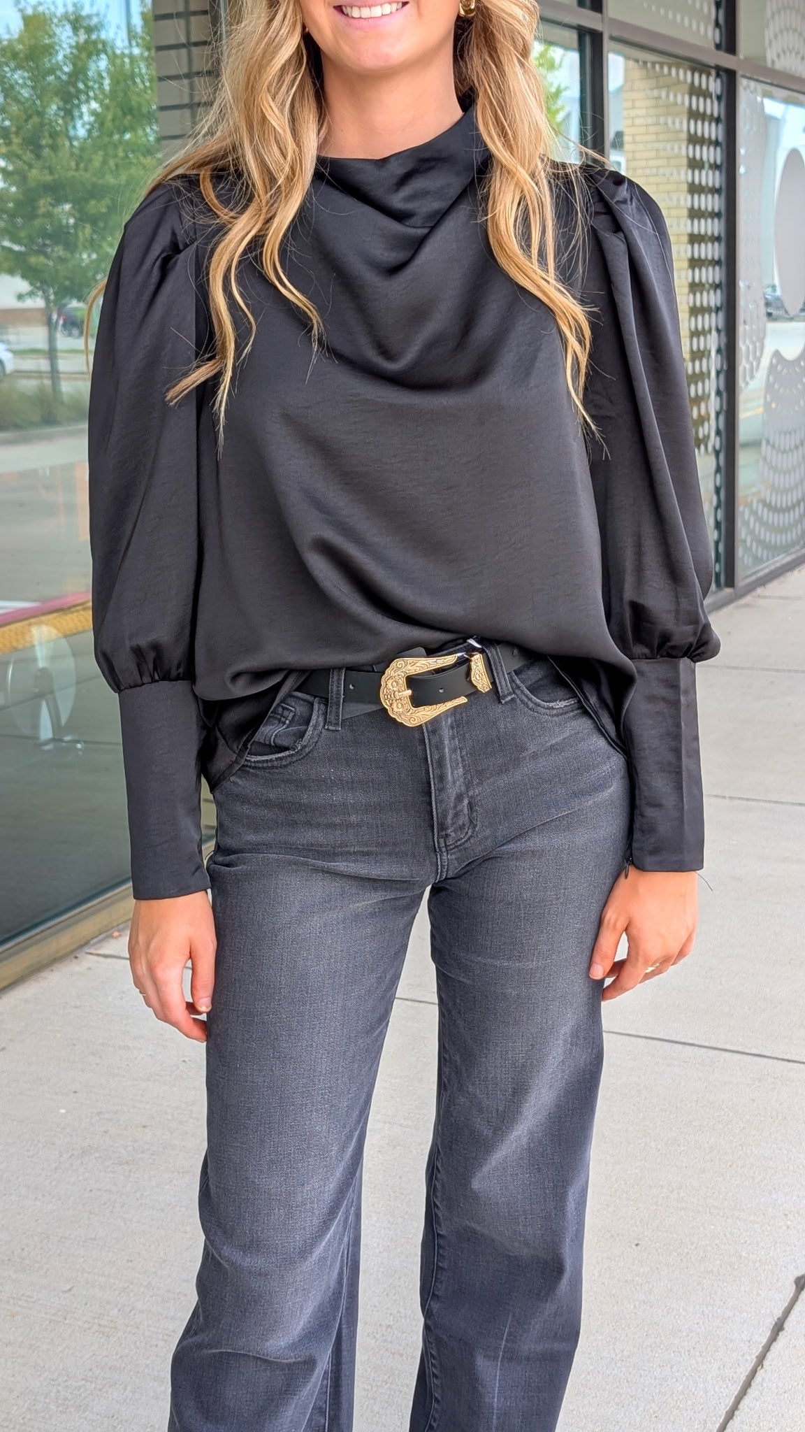 Corey Black Cowl Neck Blouse with Long Lantern Sleeve