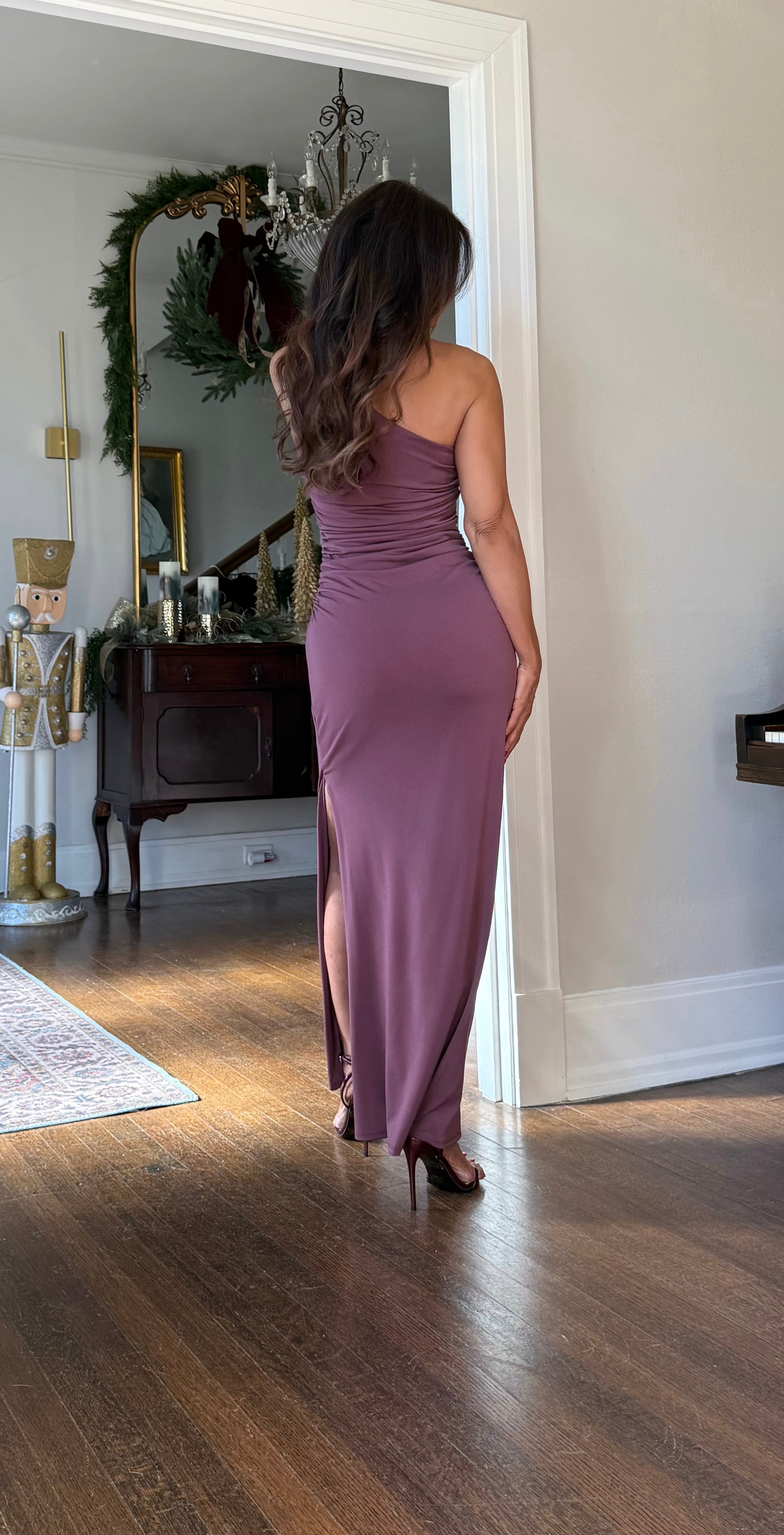 Youree dark mauve one shoulder metal buckle midi dress
