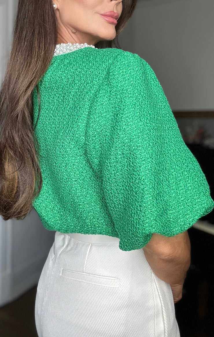 Jackie green tweed bubble sleeve top with pearl neck line
