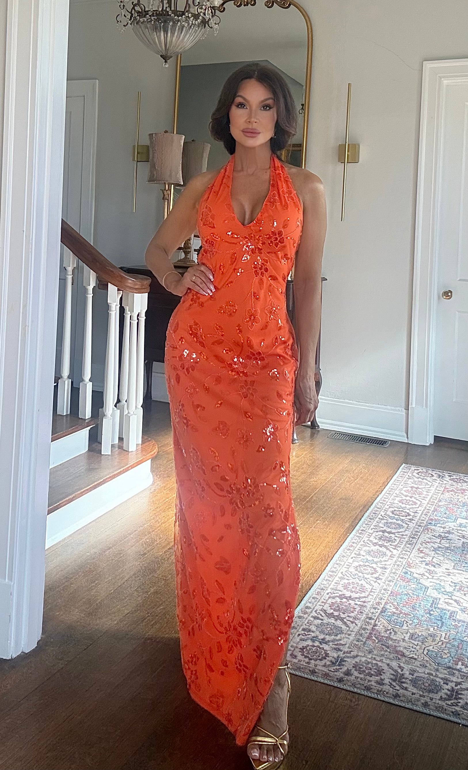 Olandria Orange Sequin Halter Backless Formal