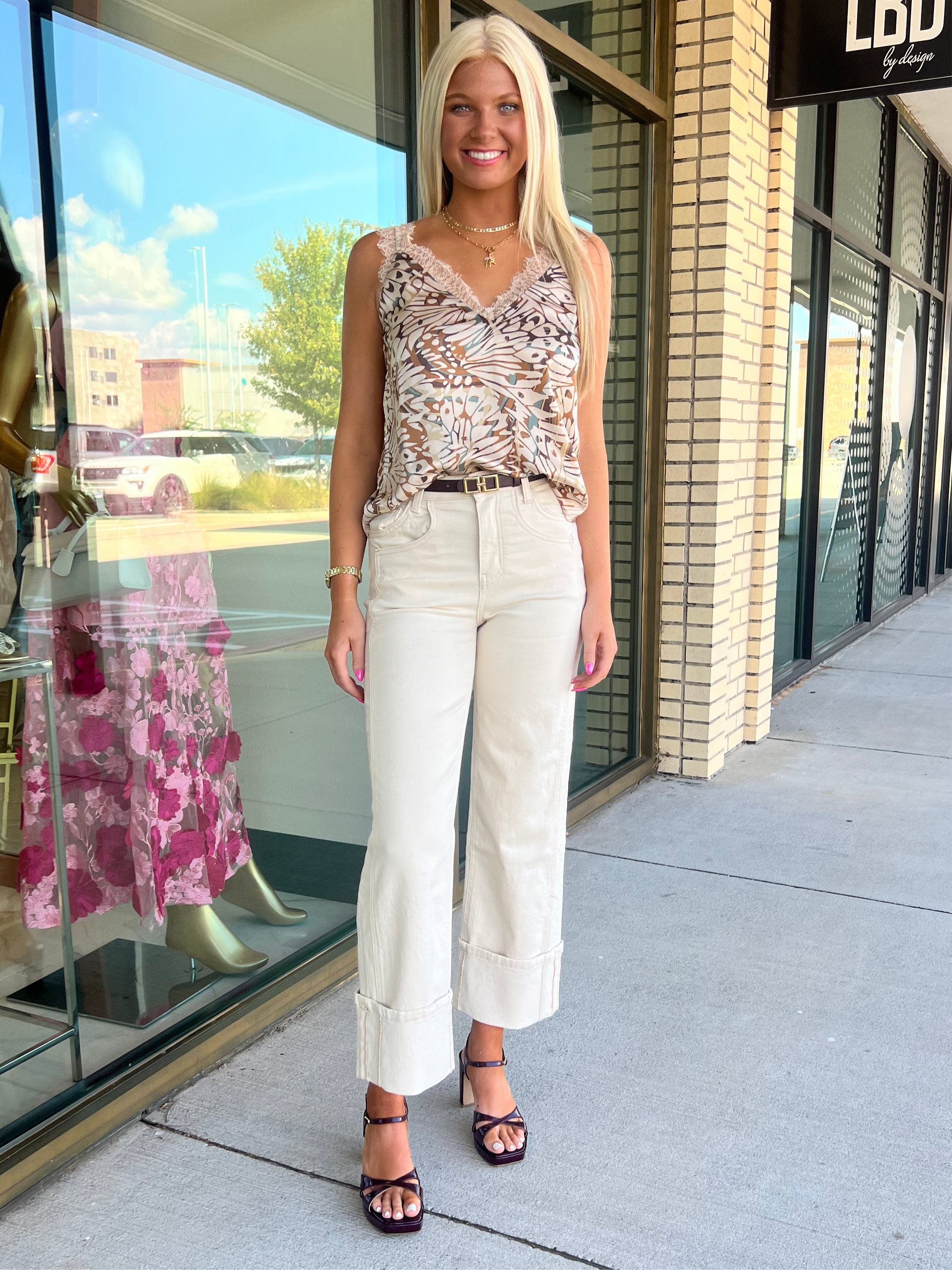 Krystal Beige Multi Print Satin Cami Top