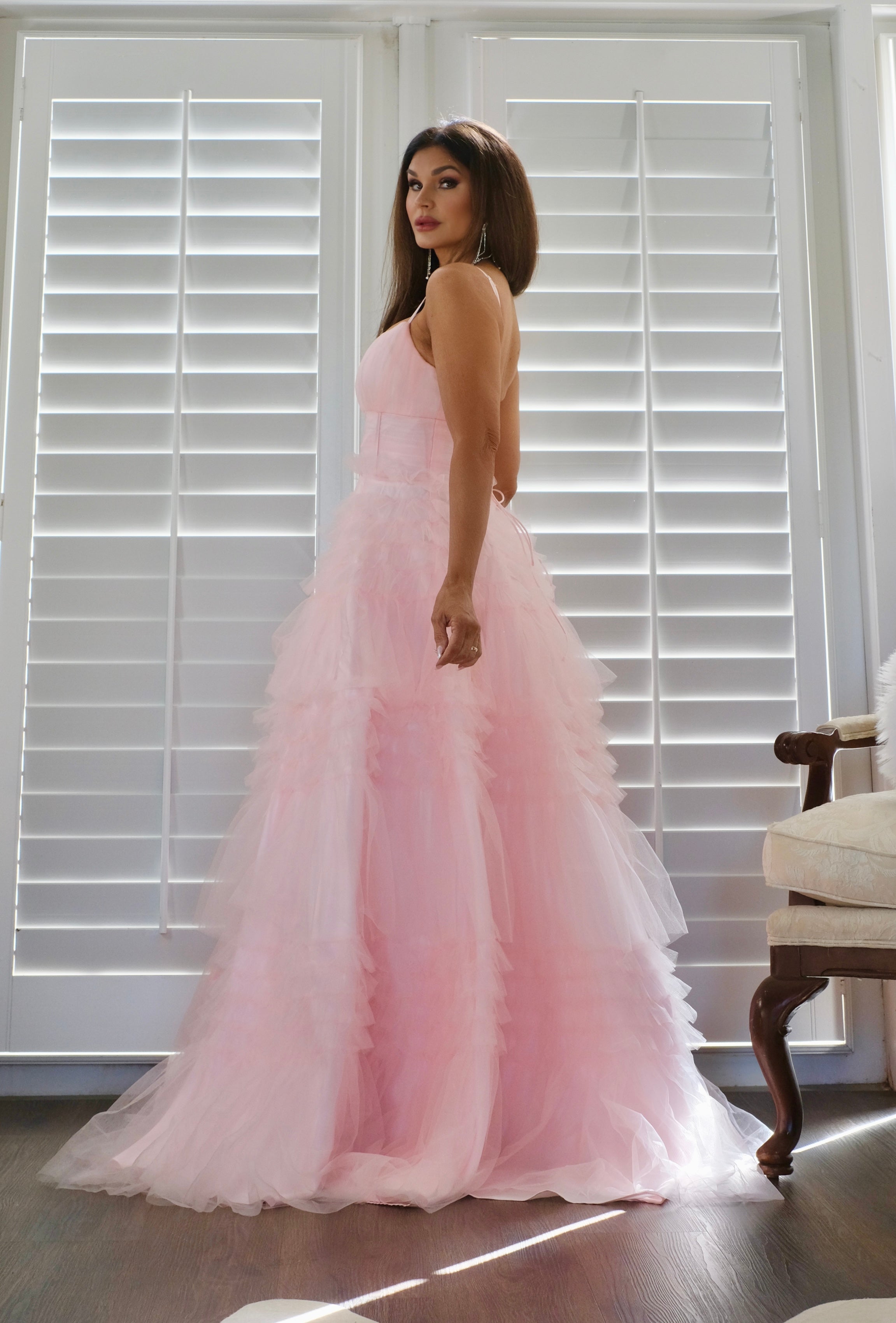 Belle blush tiered tulle ruffle skirt formal dress