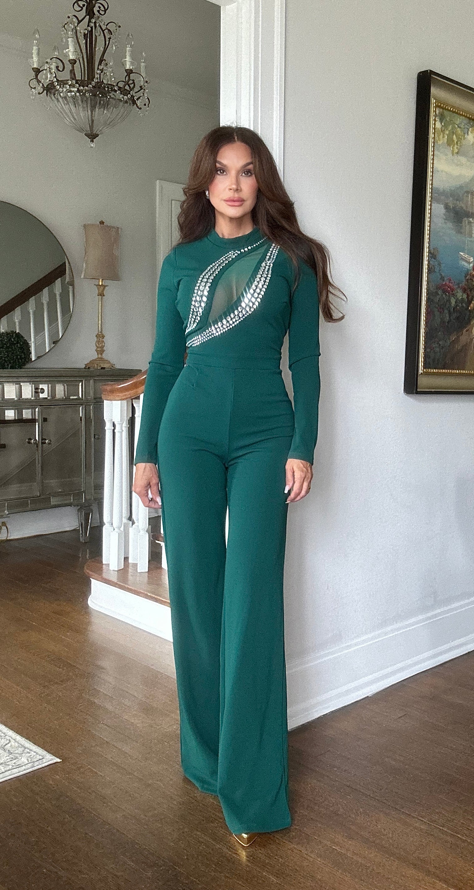 Paityn hunter green long sleeve jumpsuit with mesh cut out and stone detail