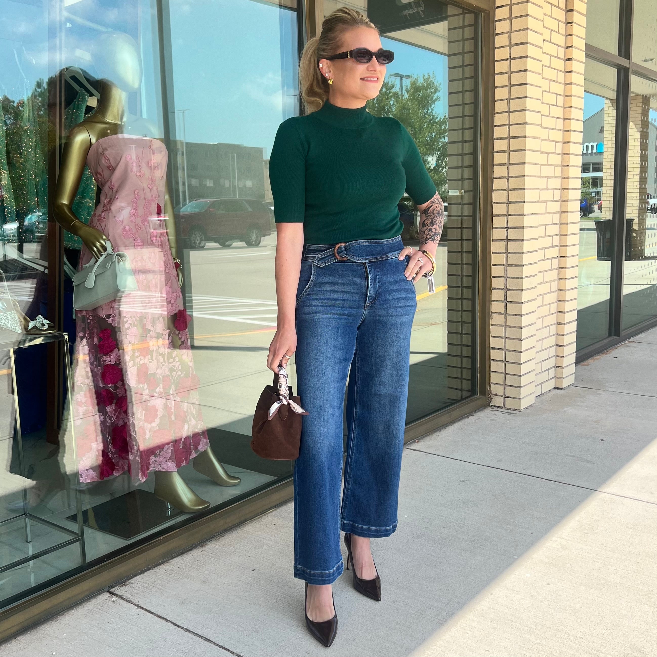 Midori Dark Green Mock Neck Ribbed Quarter Sleeve Sweater Top