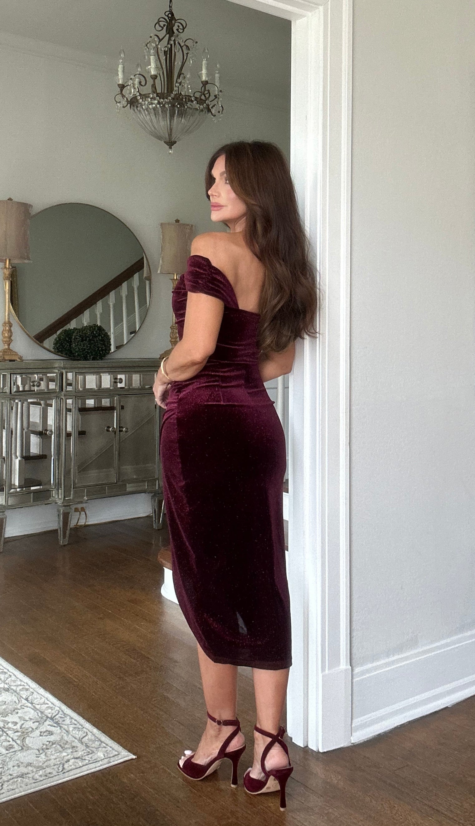 Jessica burgundy velvet glitter off shoulder midi dress