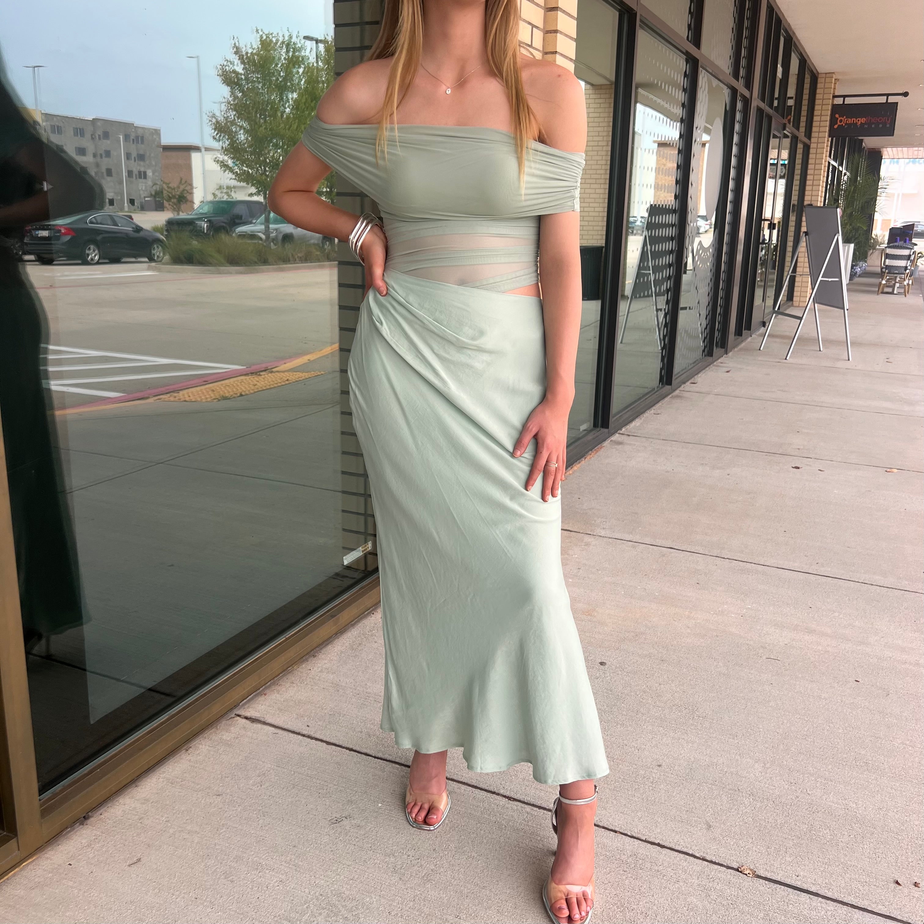 Stassi Sage One Shoulder Contrast Bottom Midi Dress
