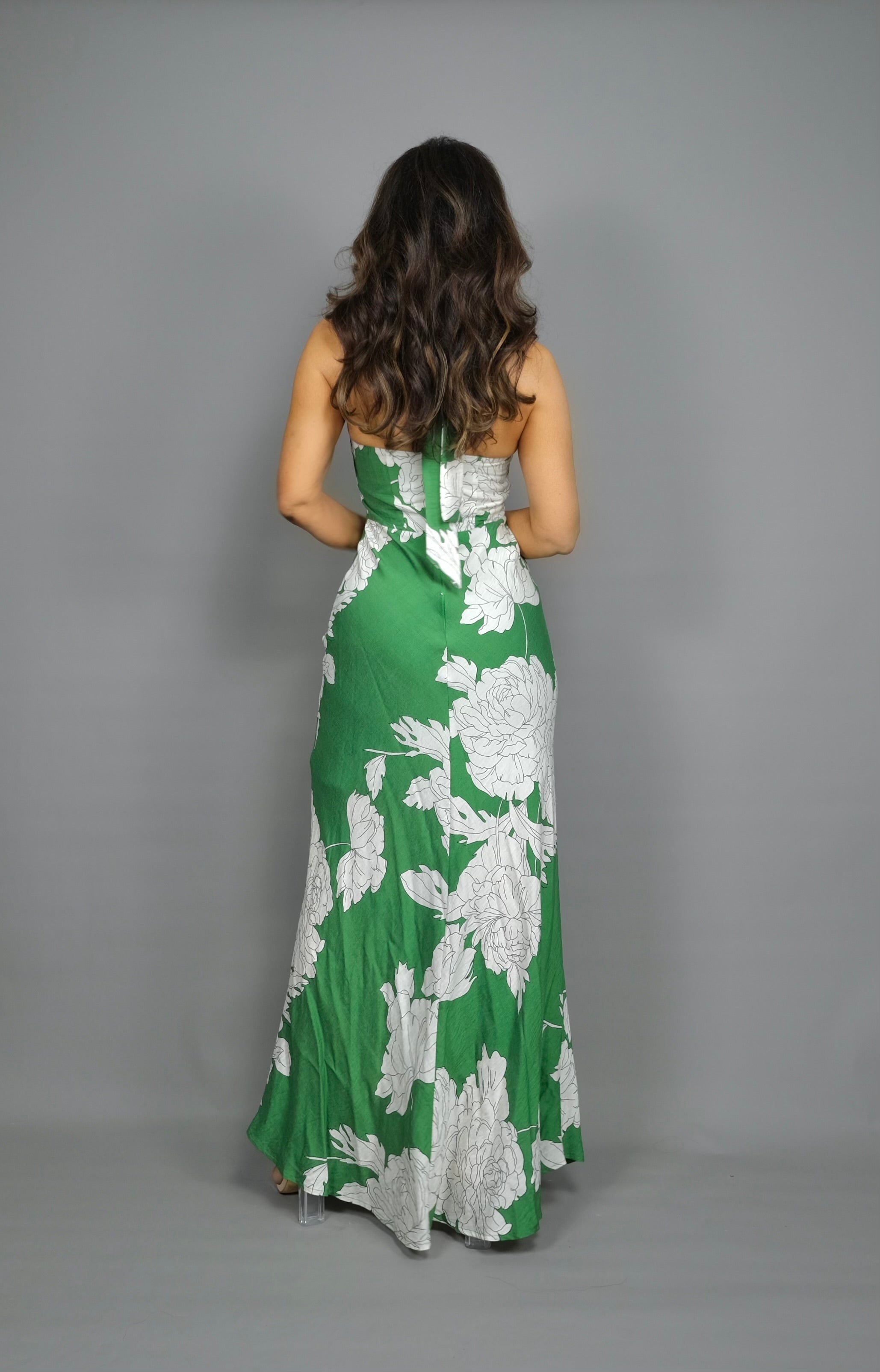 Florida green floral backless halter maxi dress