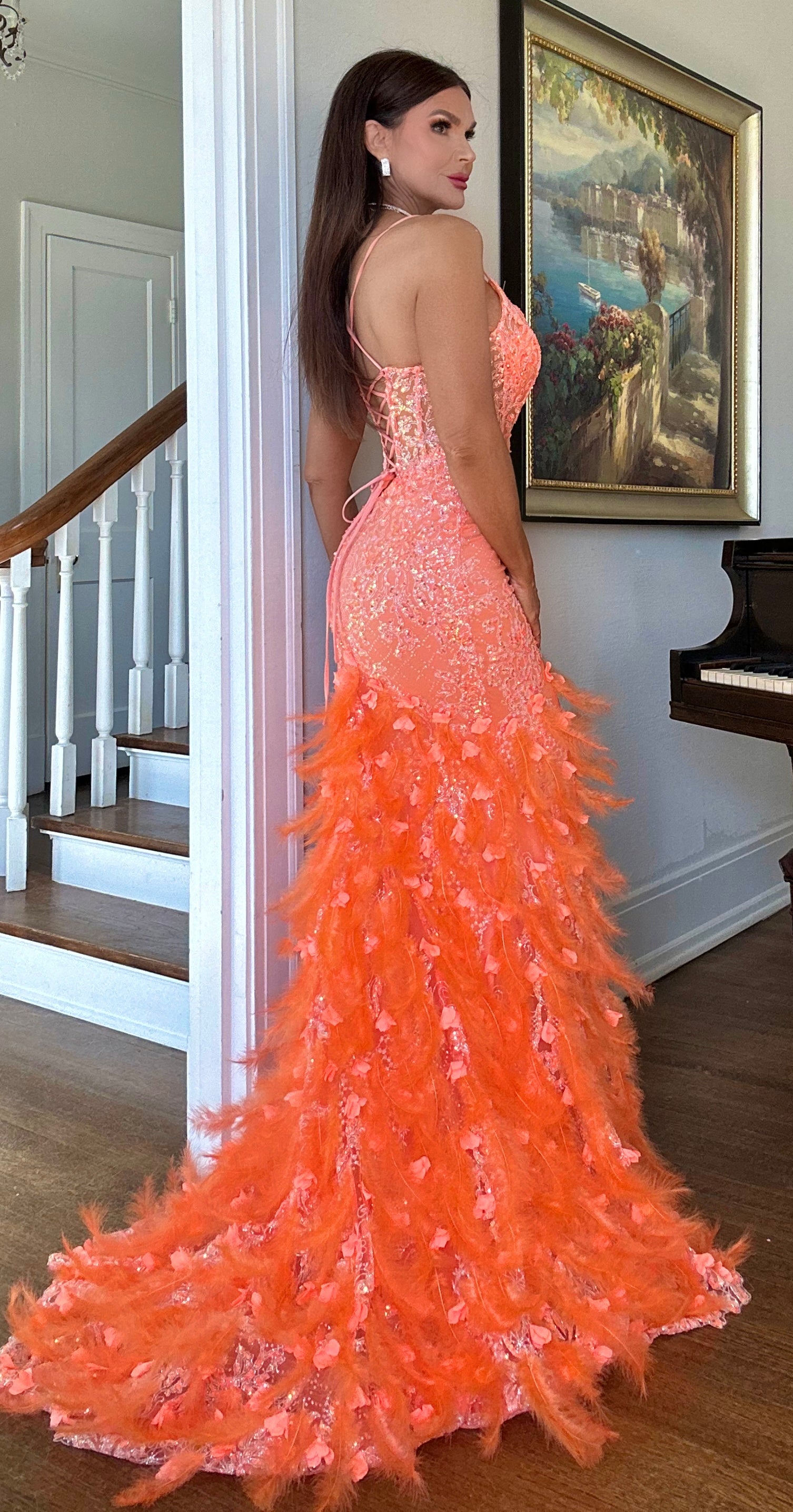 Marlo Flame Orange mermaid gown with feather details