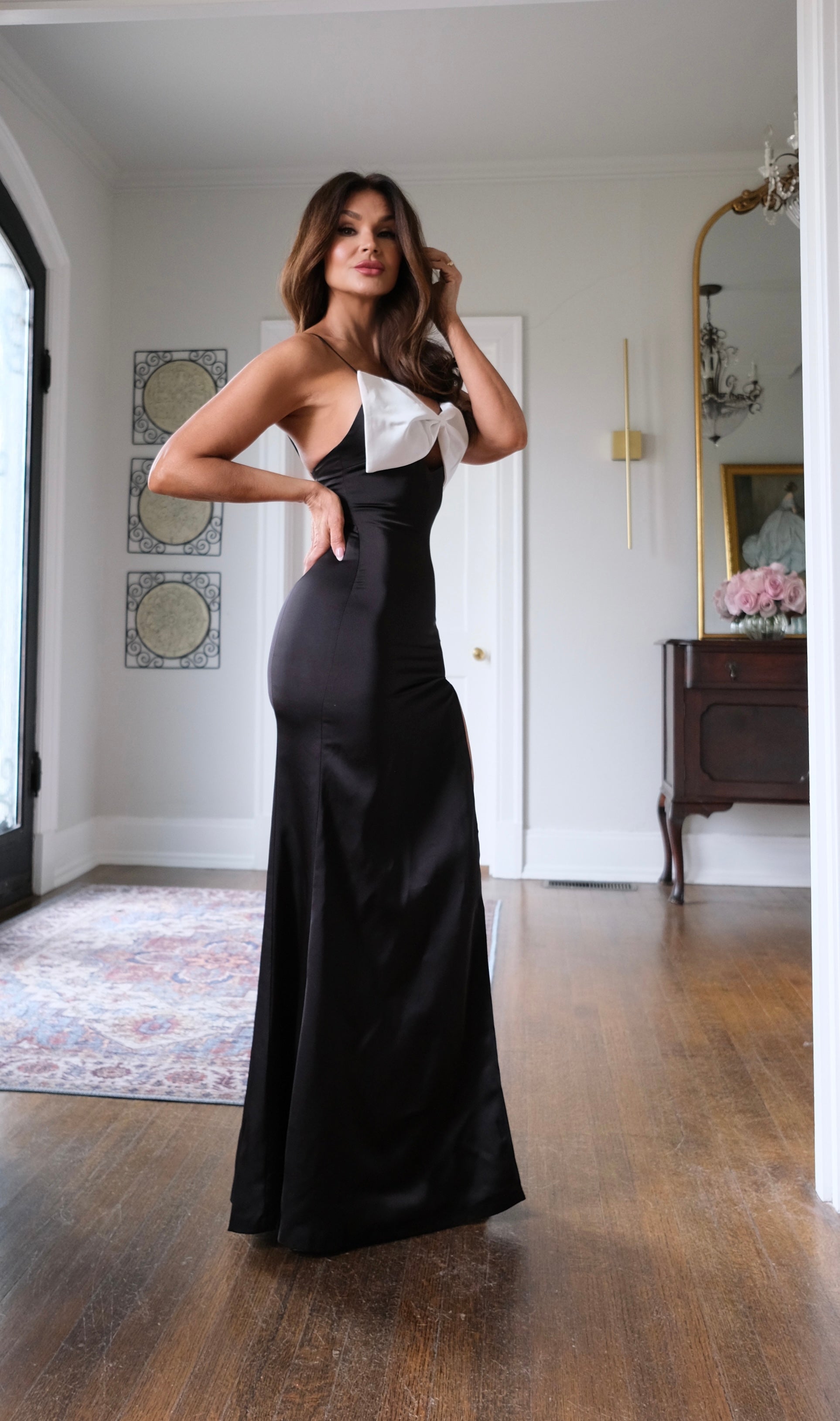 Eleanor black satin gown with contrast bow