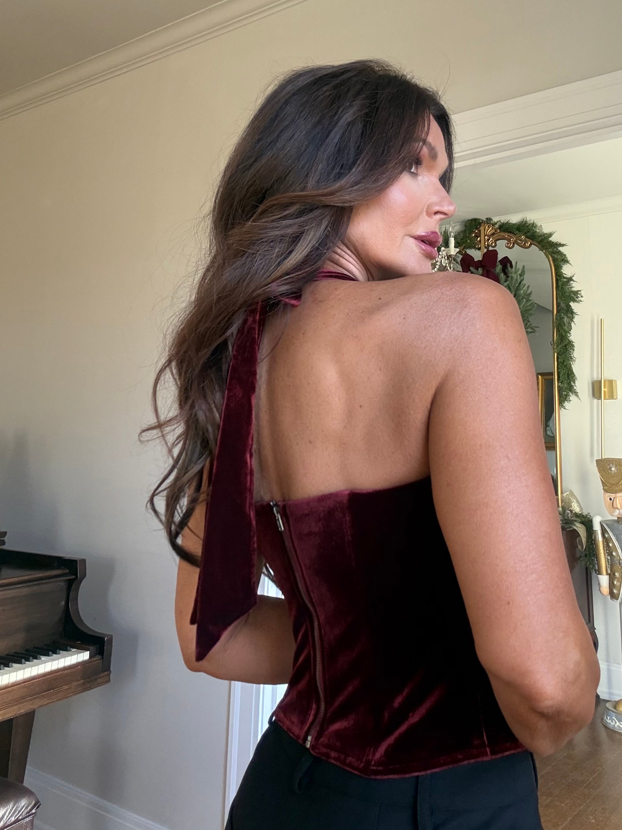 Jacy Wine Velvet Halter Corset Boning Top