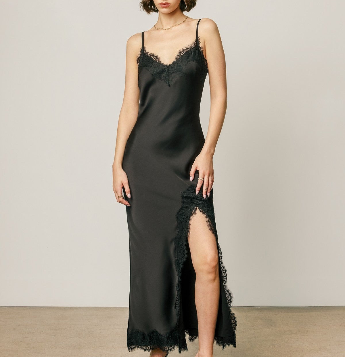 Tatum Black Satin Lace Trim Slip Maxi Dress
