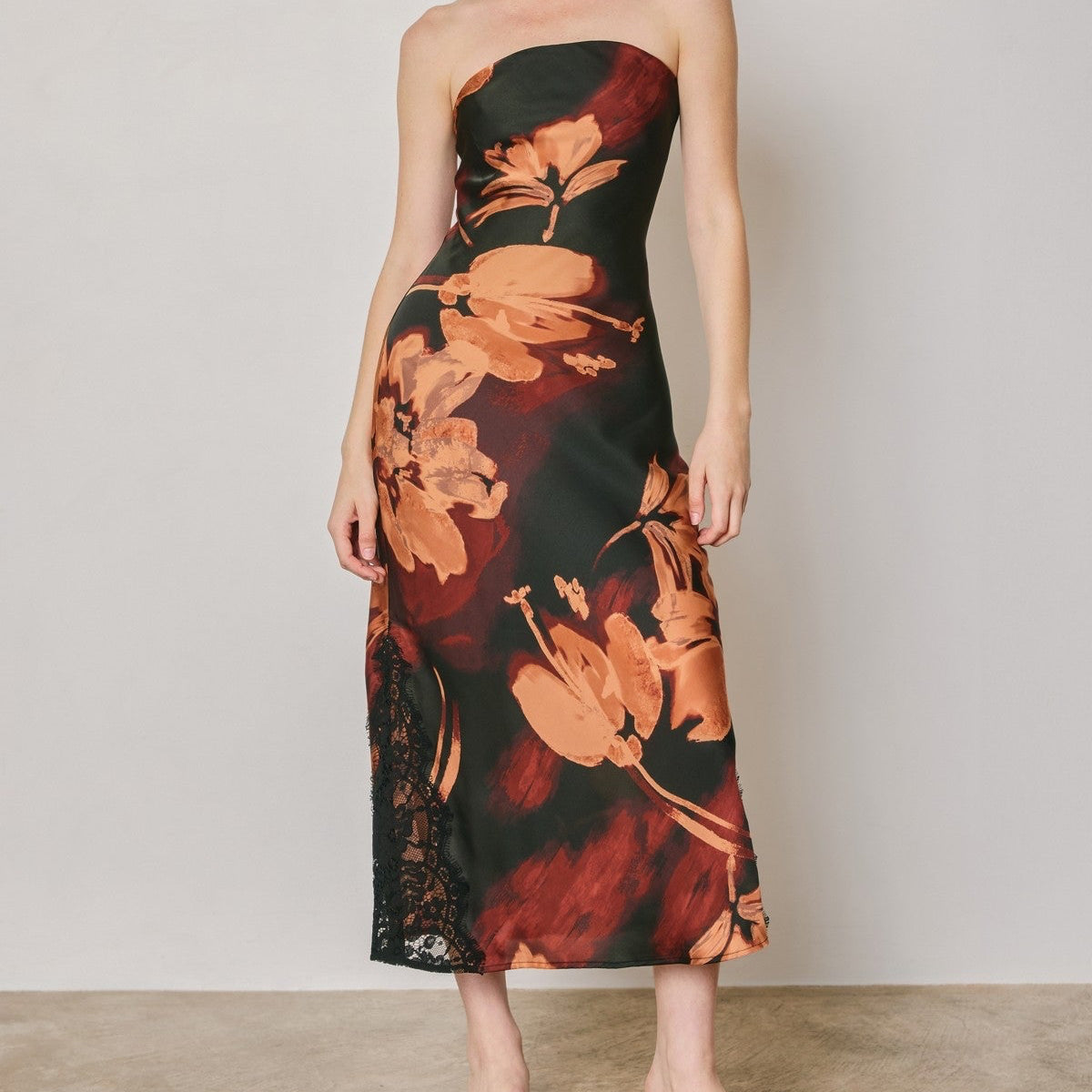 Megan Black Strapless Floral Lace Hem Maxi Dress