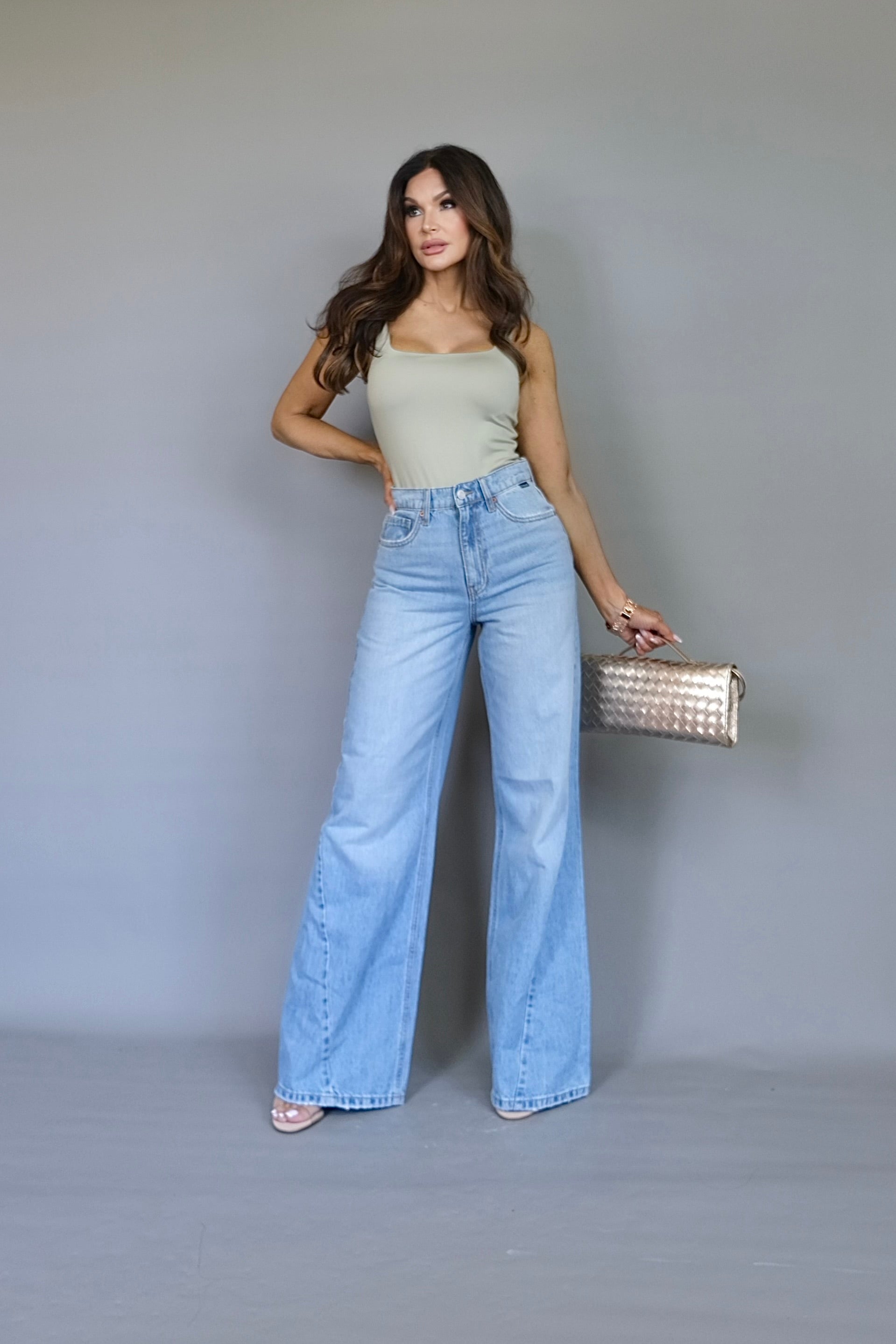 MIllie light wash high rise curved seam wide leg jean