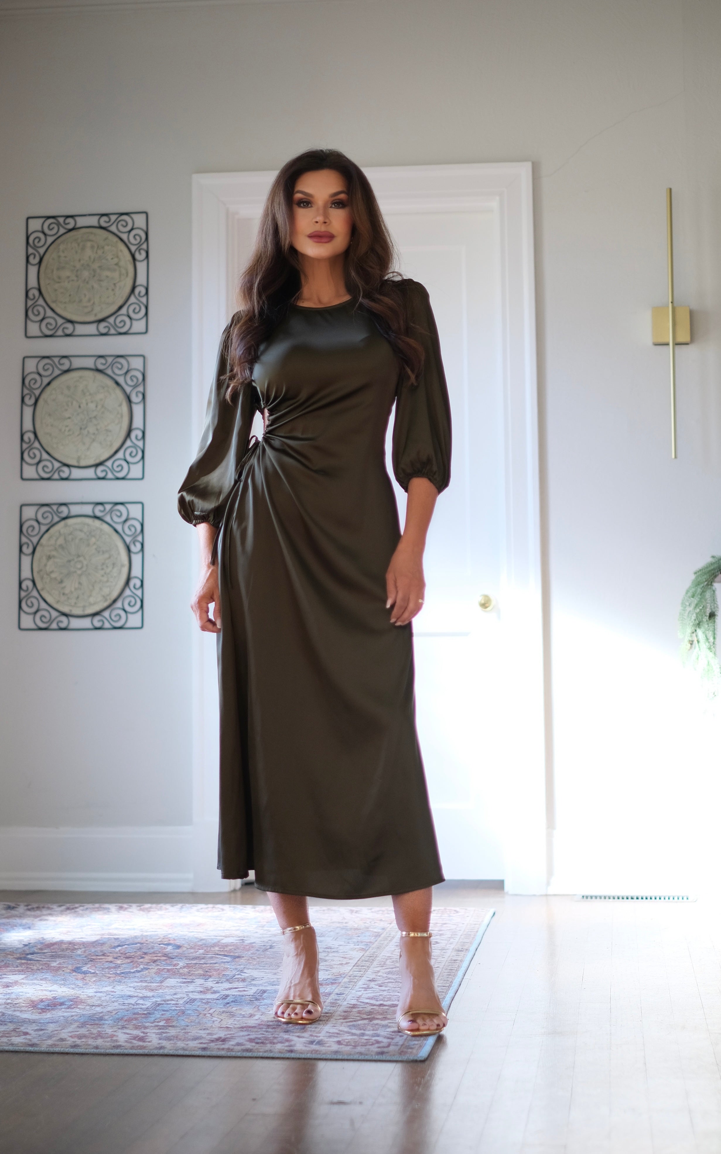 Ollie Olive Satin Draped Neck A-Line Midi Dress