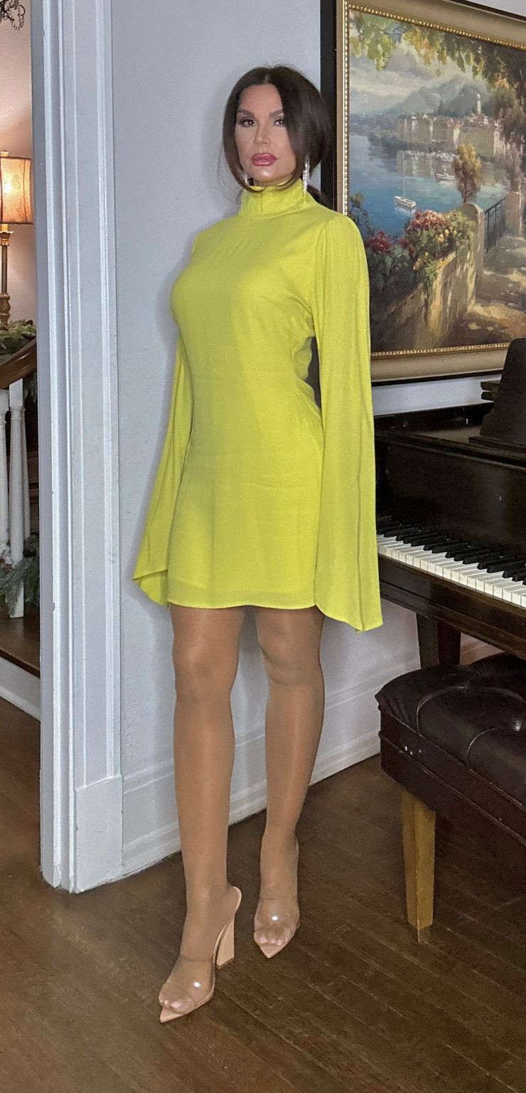 Aria Chartreuse bell sleeved min dress