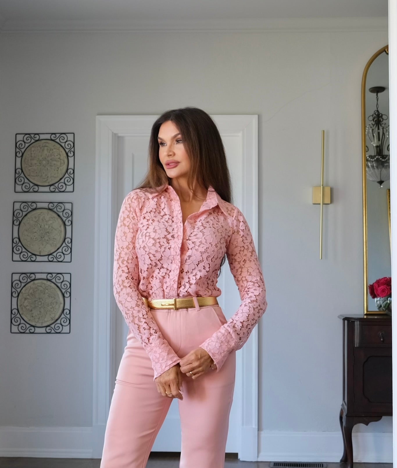 Andi blush floral cut out button up